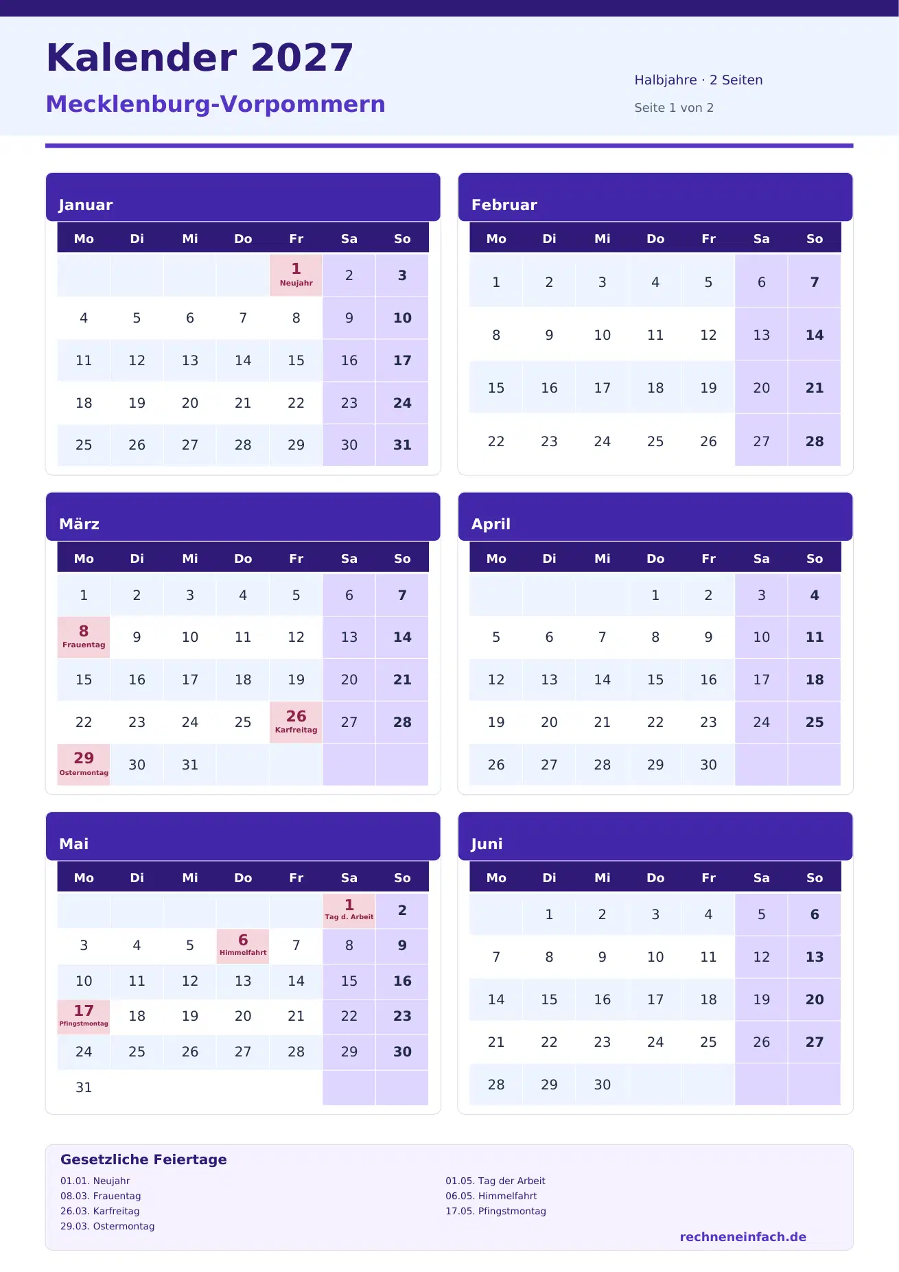 Kalender 2027 Mecklenburg-Vorpommern Hochformat · Halbjahre (2 Seiten) Vorschau