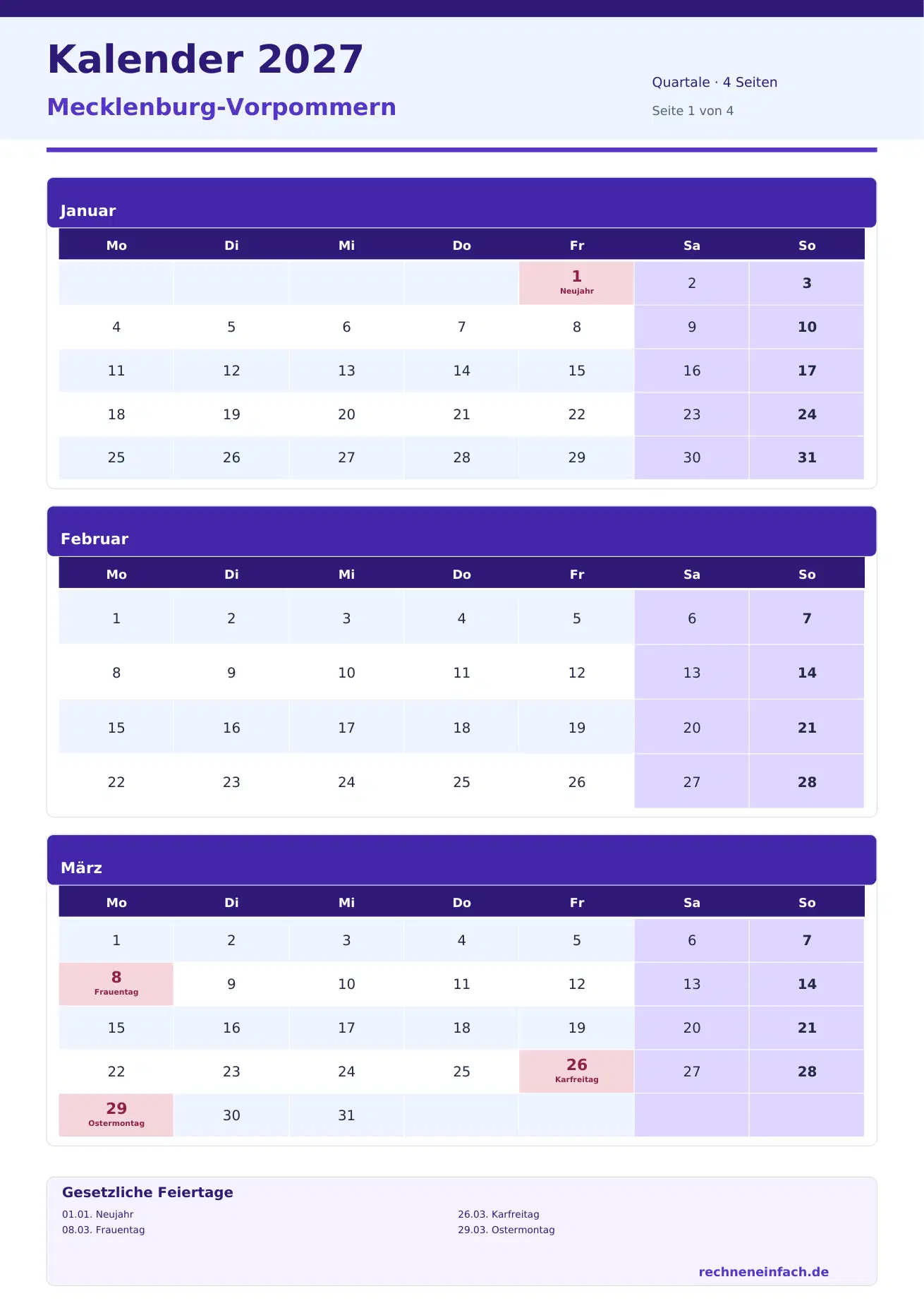 Kalender 2027 Mecklenburg-Vorpommern Hochformat · Quartale (4 Seiten) Vorschau
