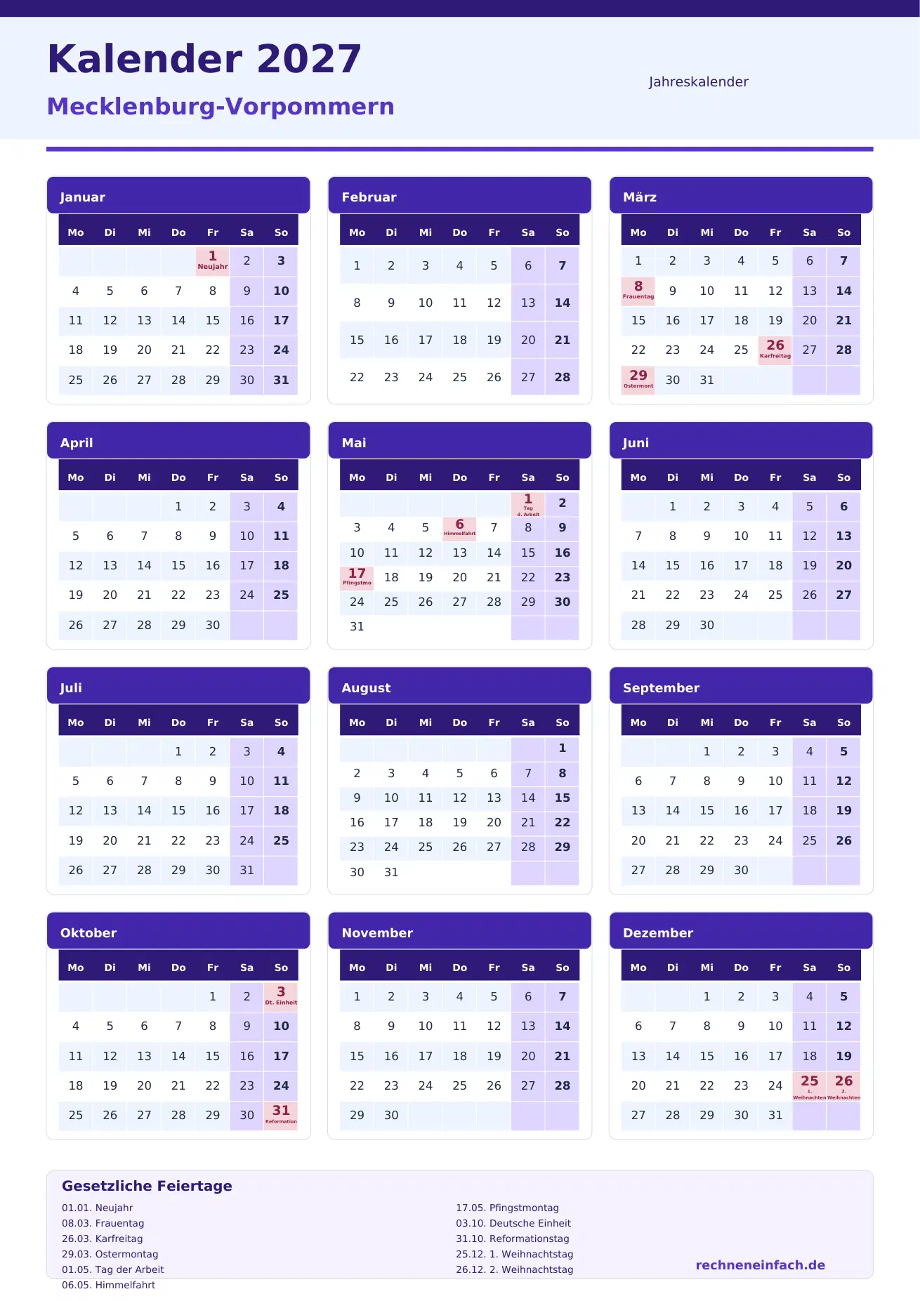 Kalender 2027 Mecklenburg-Vorpommern Hochformat · 1 Seite Vorschau