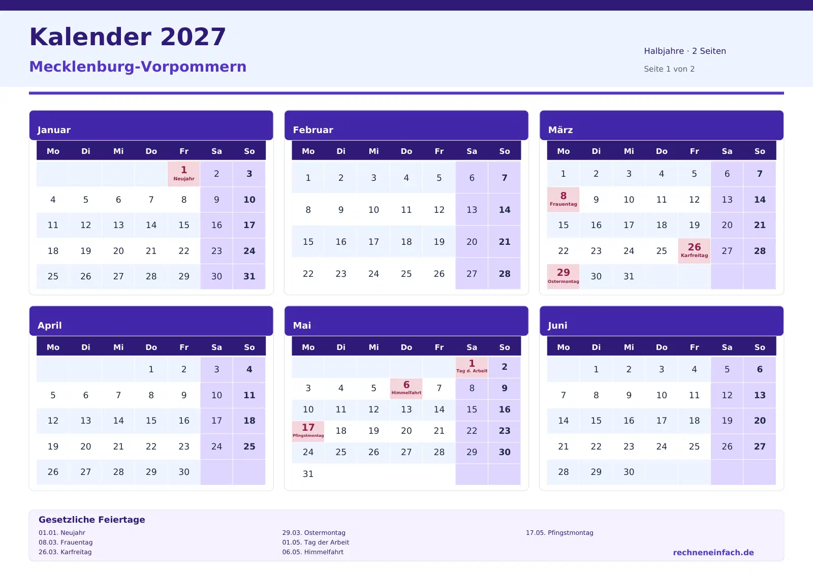 Kalender 2027 Mecklenburg-Vorpommern Querformat · Halbjahre (2 Seiten) Vorschau