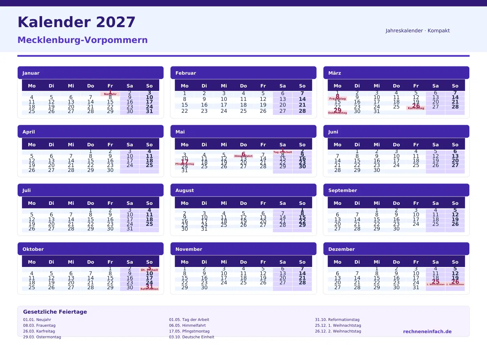 Kalender 2027 Mecklenburg-Vorpommern Querformat · Tage linear Vorschau