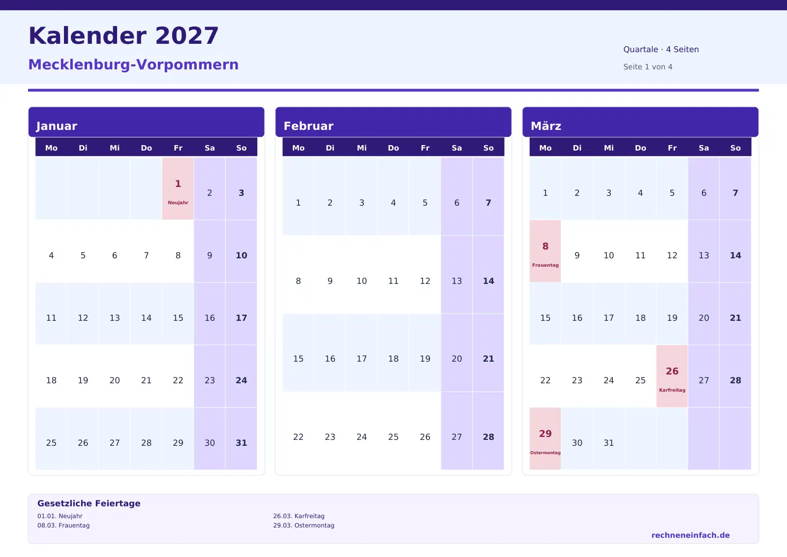 Kalender 2027 Mecklenburg-Vorpommern Querformat · Quartale (4 Seiten) Vorschau