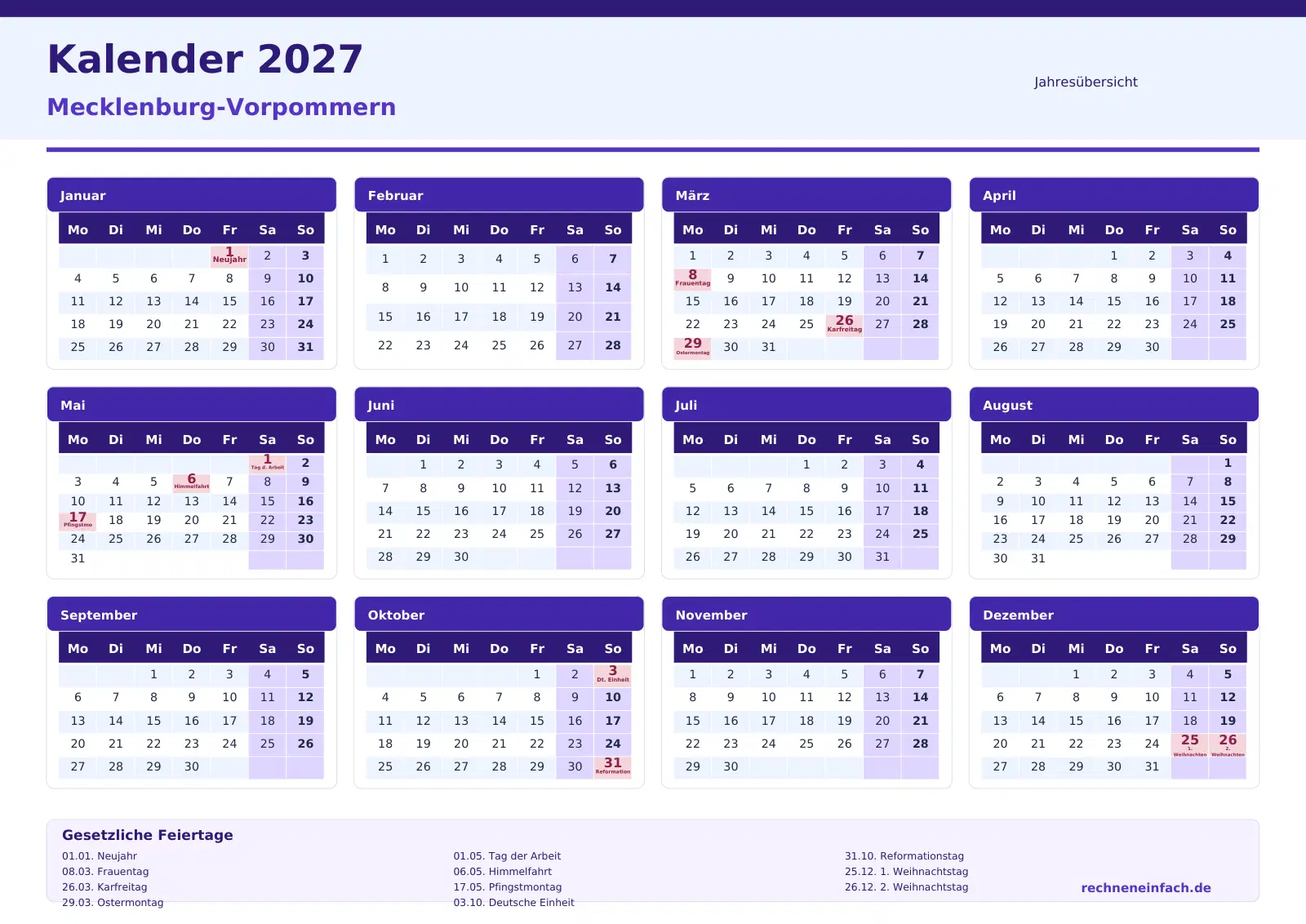 Kalender 2027 Mecklenburg-Vorpommern Querformat · Jahresübersicht Vorschau