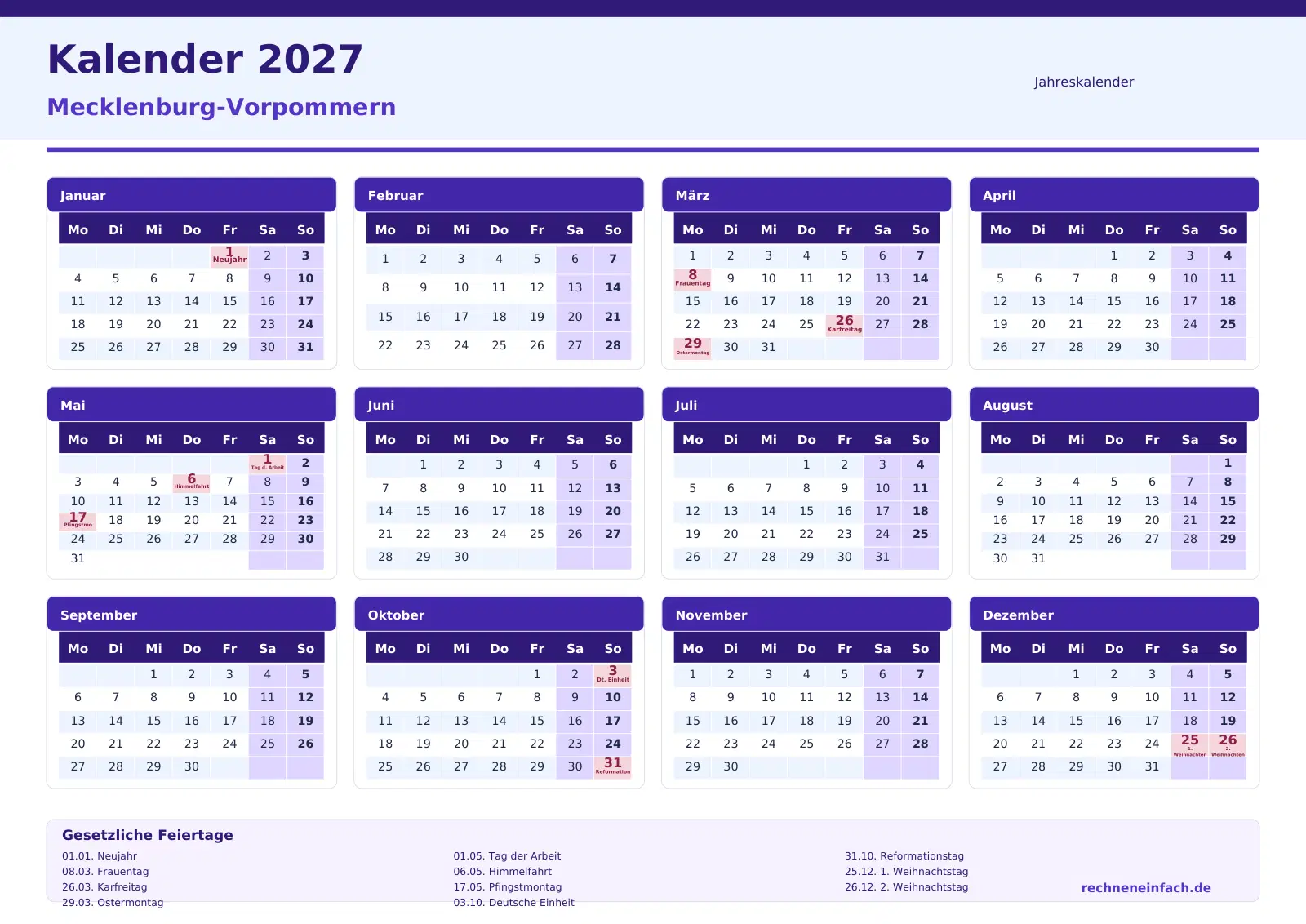 Kalender 2027 Mecklenburg-Vorpommern Jahresübersicht im Querformat