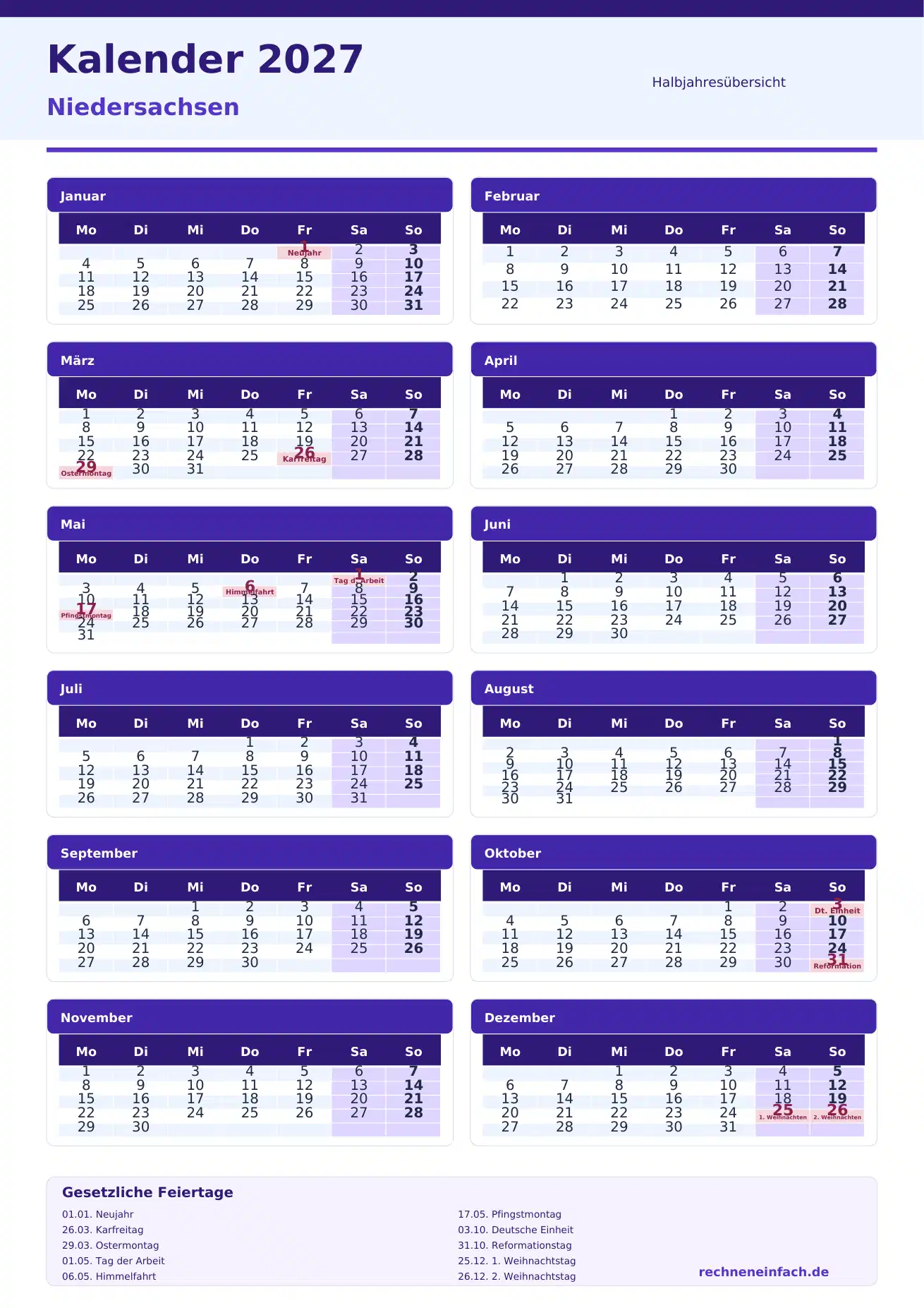 Kalender 2027 Niedersachsen Hochformat · nach Halbjahren Vorschau