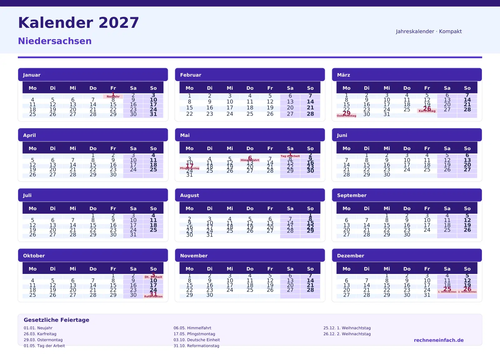 Kalender 2027 Niedersachsen Querformat · Tage linear Vorschau