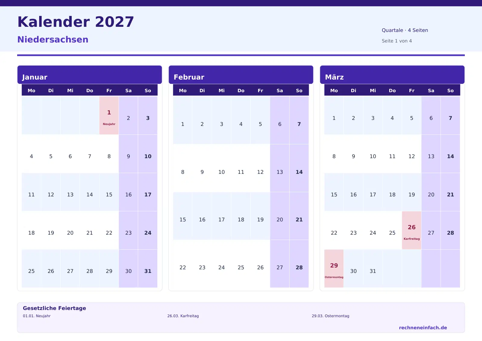 Kalender 2027 Niedersachsen Querformat · Quartale (4 Seiten) Vorschau