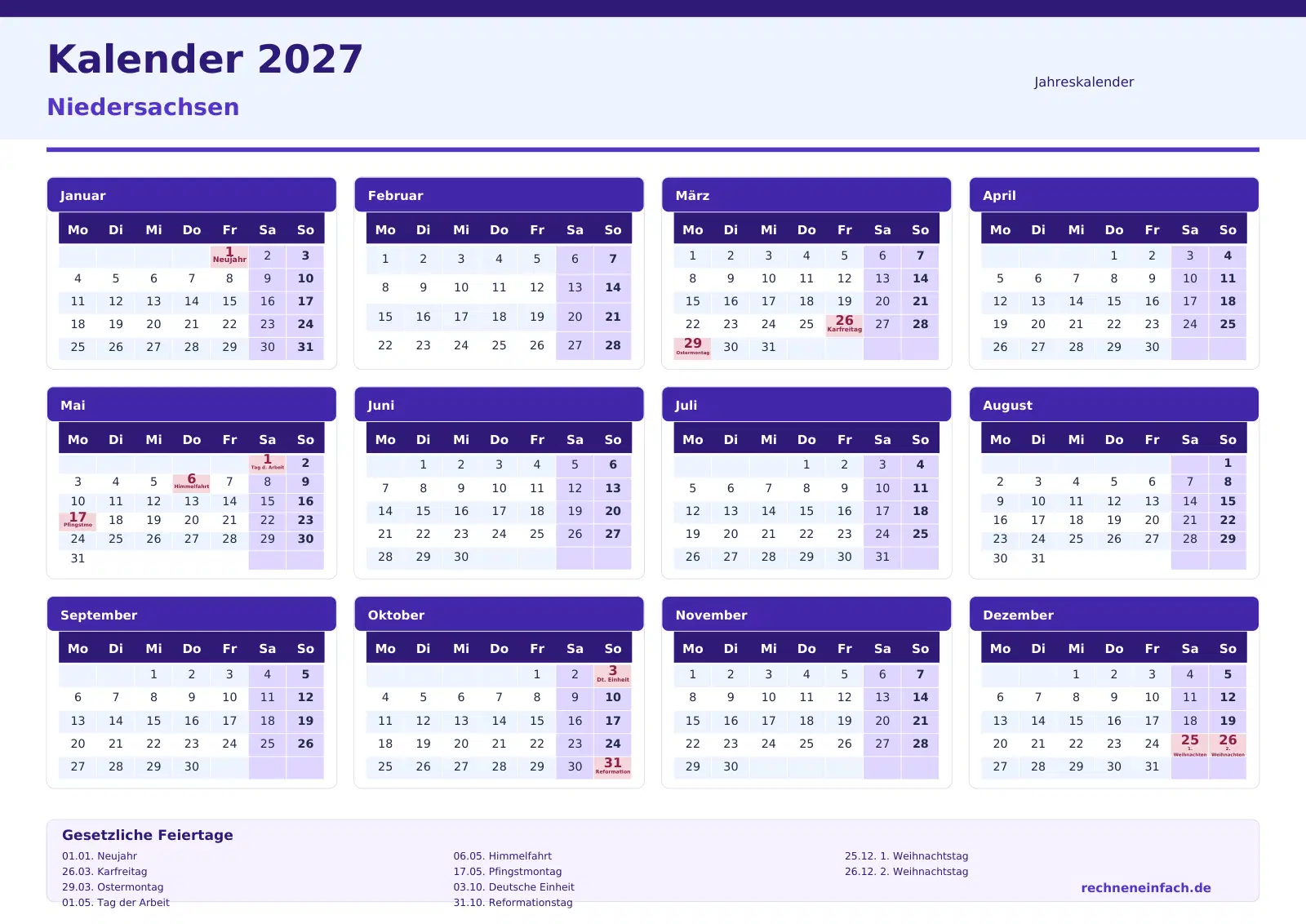 Kalender 2027 Niedersachsen Jahresübersicht im Querformat