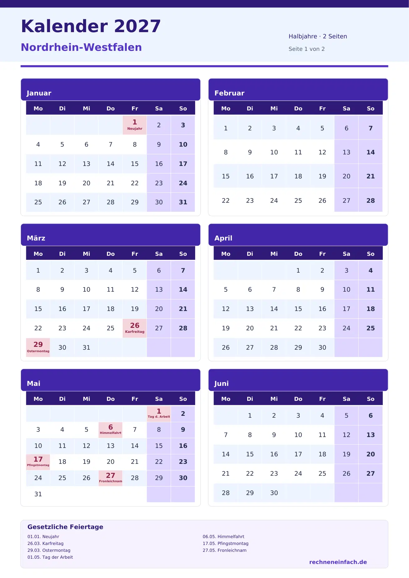 Kalender 2027 Nordrhein-Westfalen Hochformat · Halbjahre (2 Seiten) Vorschau