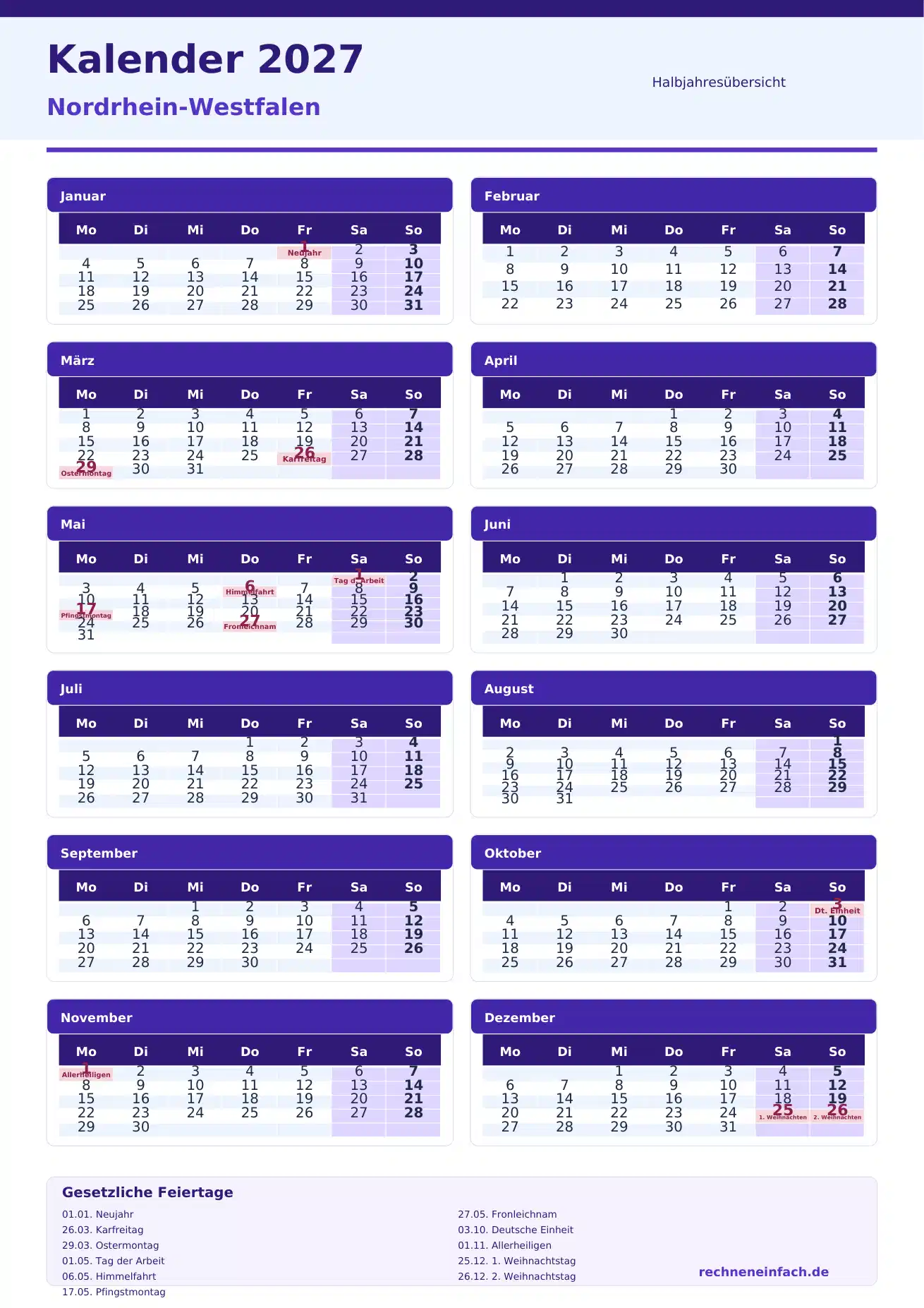 Kalender 2027 Nordrhein-Westfalen Hochformat · nach Halbjahren Vorschau