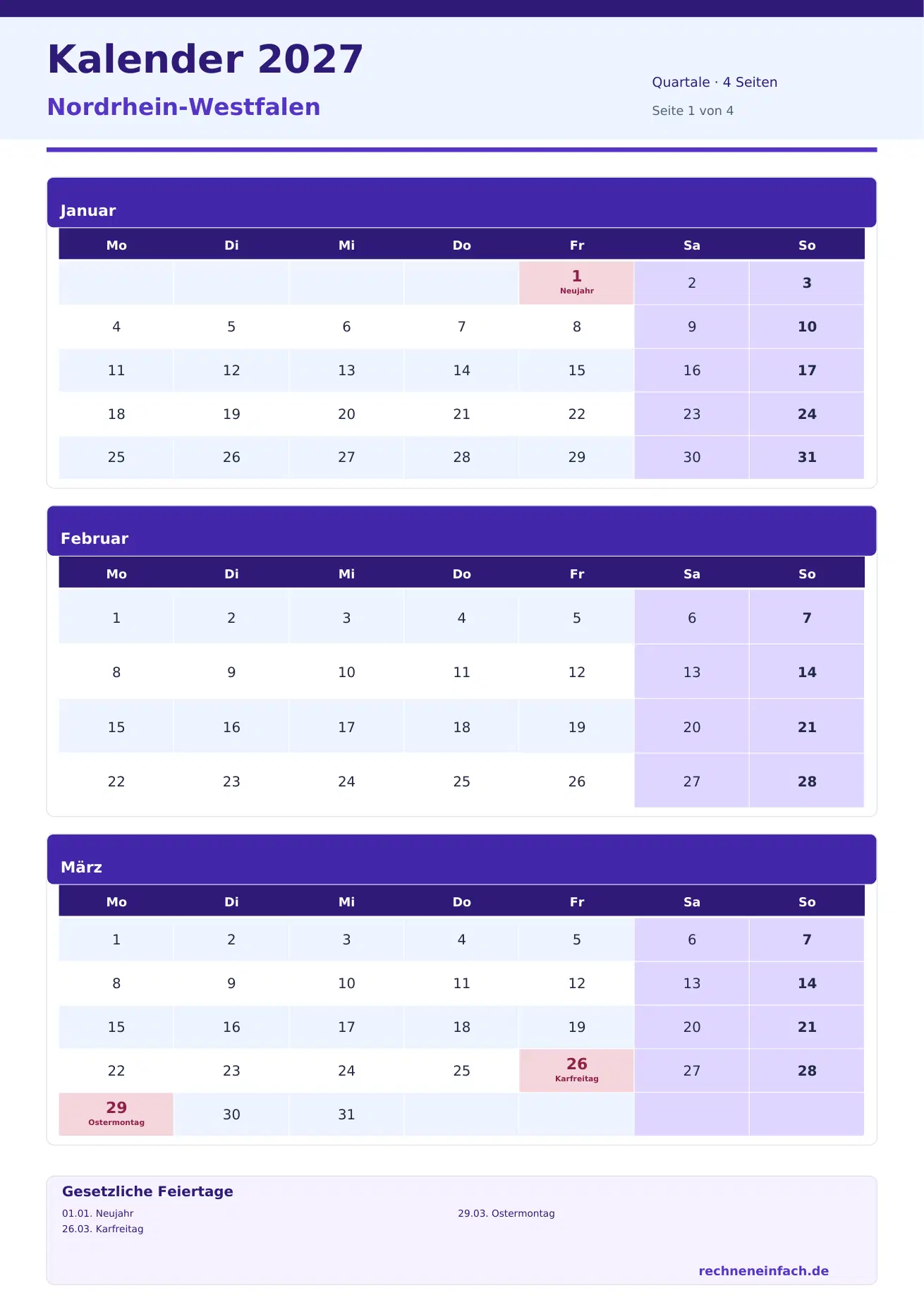 Kalender 2027 Nordrhein-Westfalen Hochformat · Quartale (4 Seiten) Vorschau