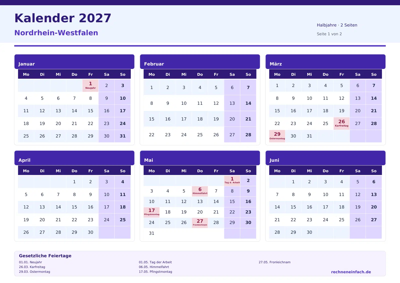 Kalender 2027 Nordrhein-Westfalen Querformat · Halbjahre (2 Seiten) Vorschau