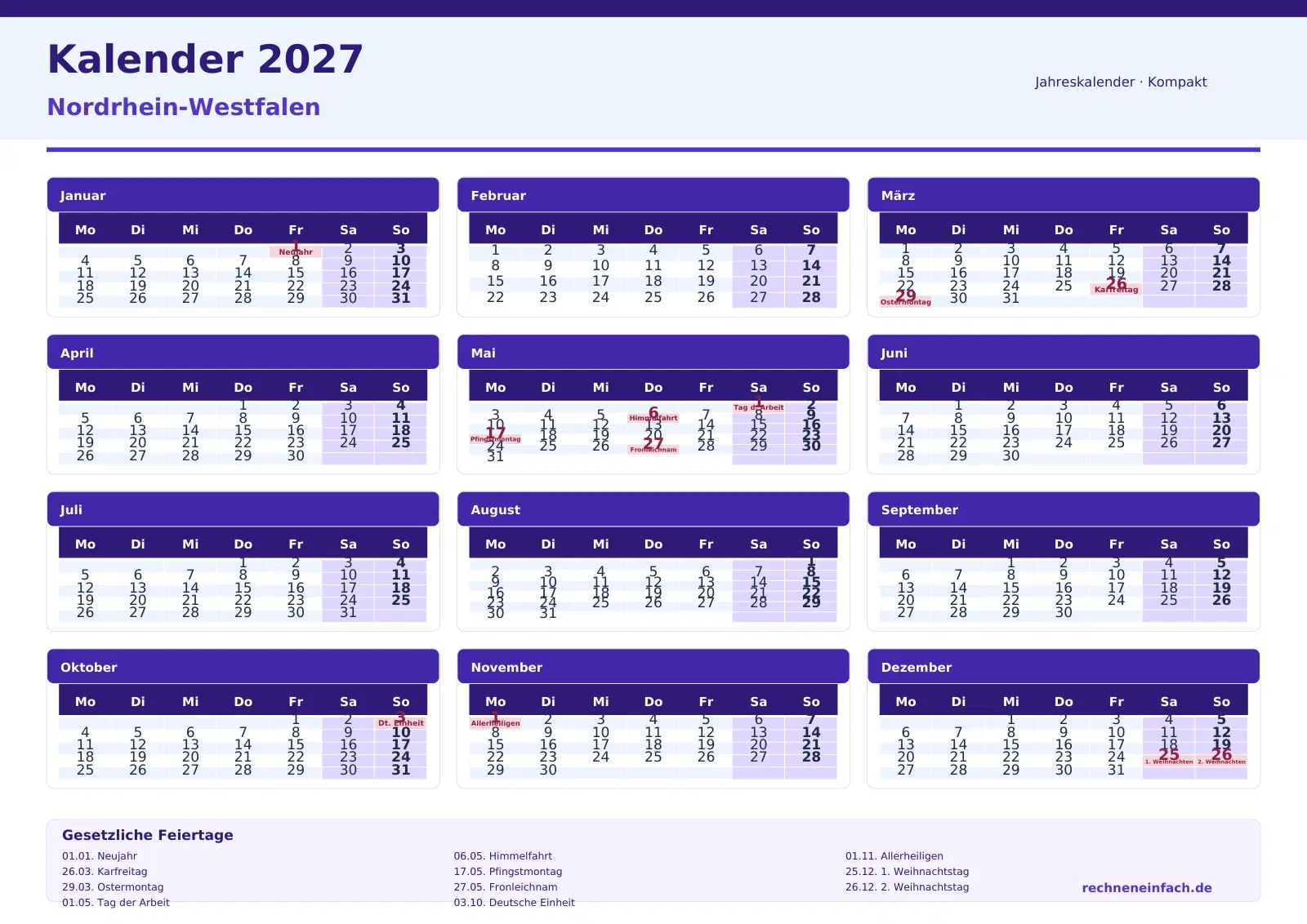 Kalender 2027 Nordrhein-Westfalen Querformat · Tage linear Vorschau
