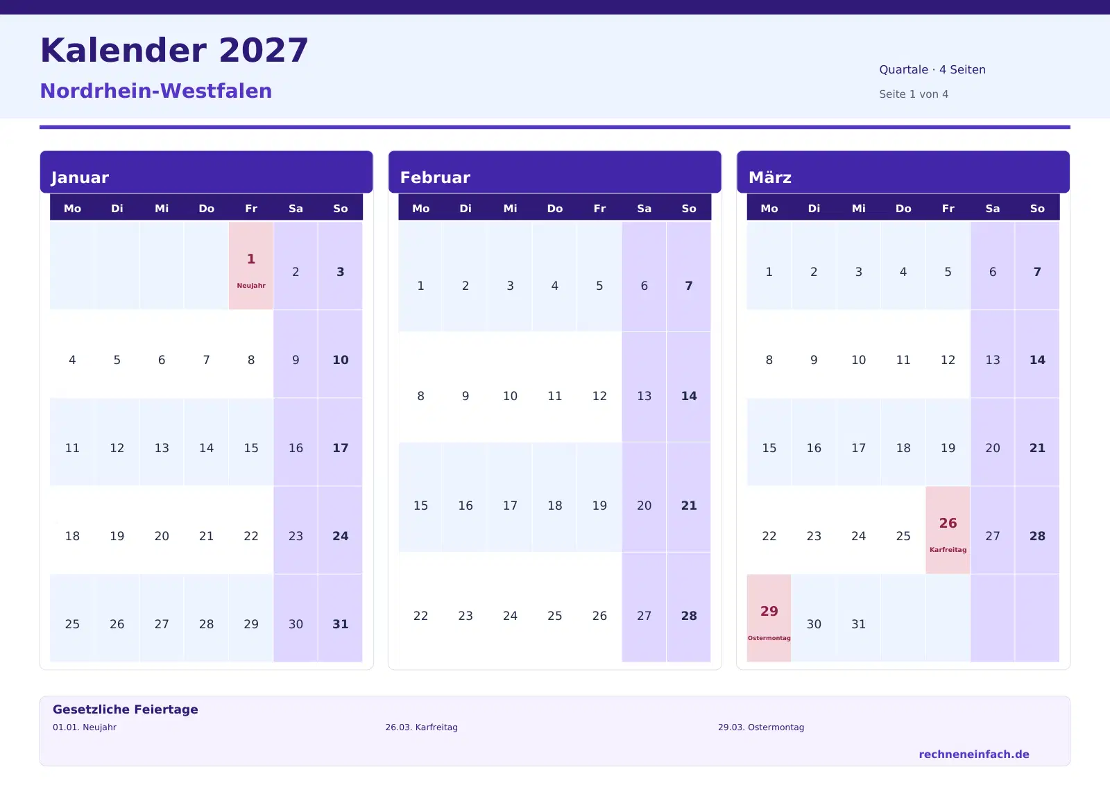 Kalender 2027 Nordrhein-Westfalen Querformat · Quartale (4 Seiten) Vorschau