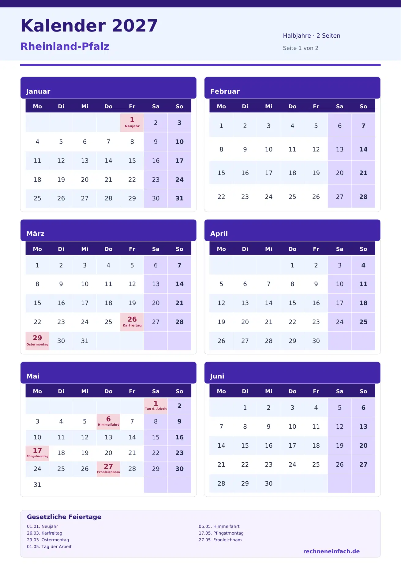 Kalender 2027 Rheinland-Pfalz Hochformat · Halbjahre (2 Seiten) Vorschau