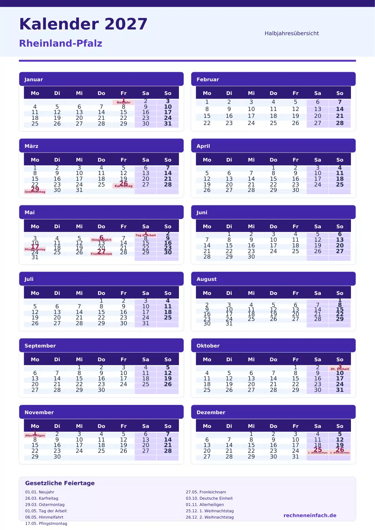 Kalender 2027 Rheinland-Pfalz Hochformat · nach Halbjahren Vorschau