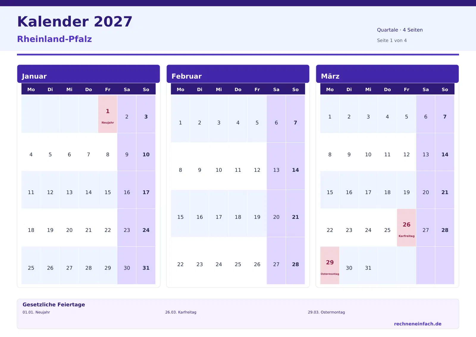 Kalender 2027 Rheinland-Pfalz Querformat · Quartale (4 Seiten) Vorschau