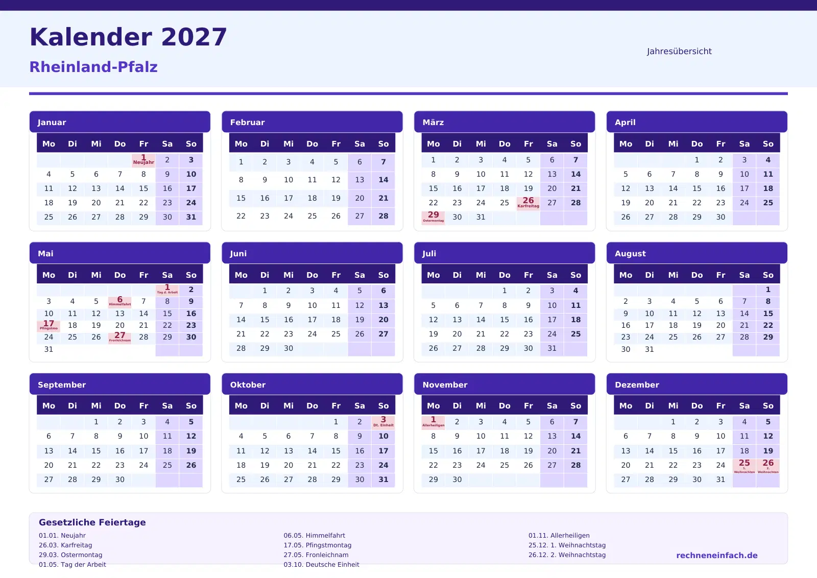 Kalender 2027 Rheinland-Pfalz Querformat · Jahresübersicht Vorschau