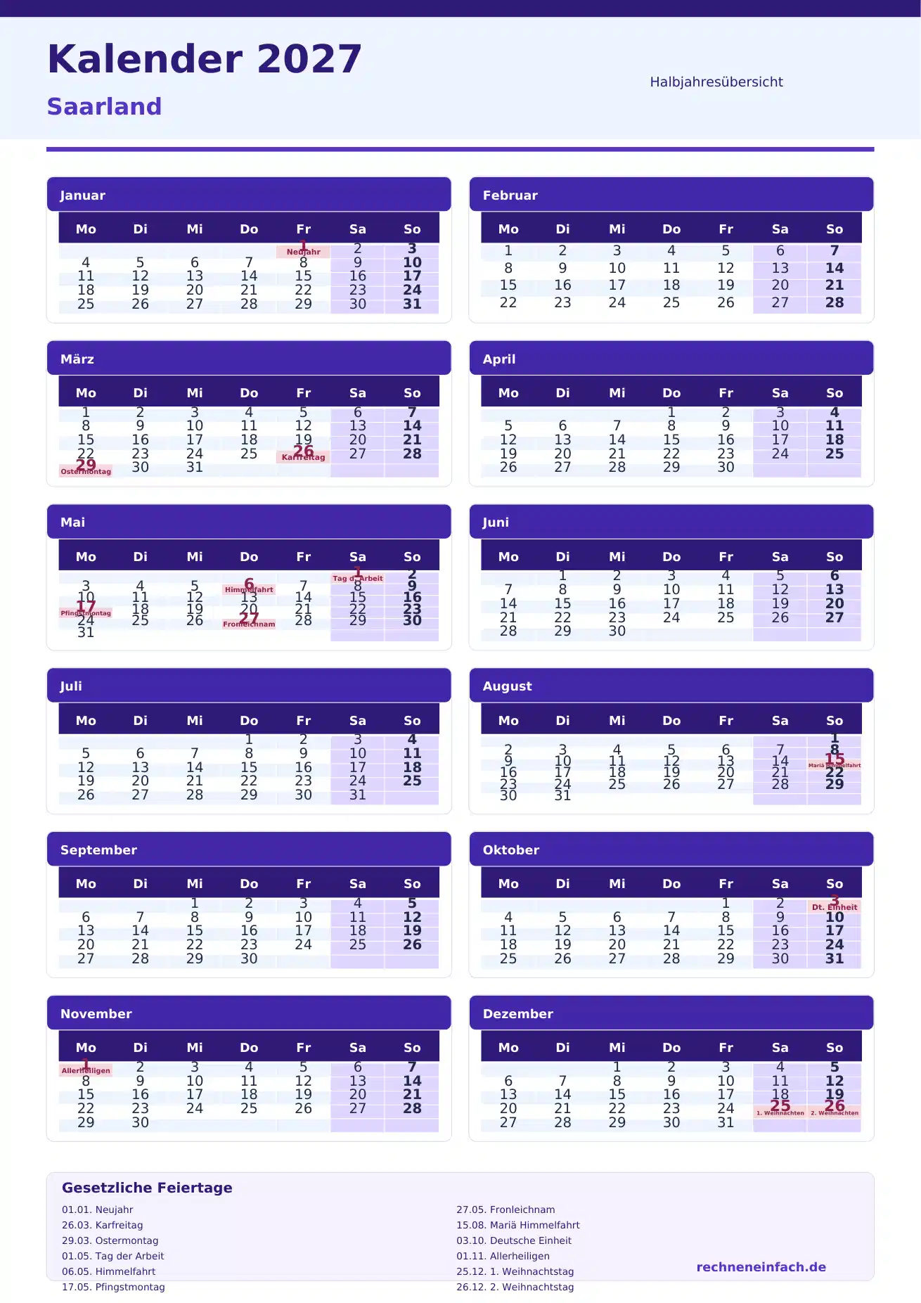 Kalender 2027 Saarland Hochformat · nach Halbjahren Vorschau
