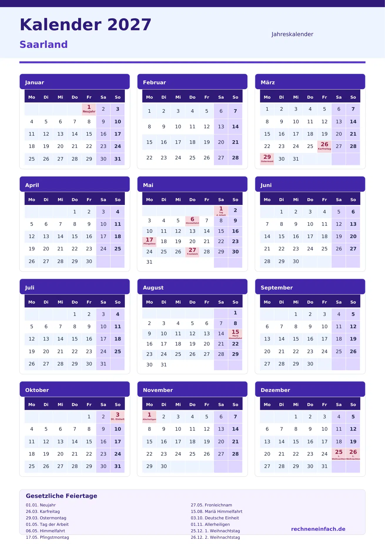 Kalender 2027 Saarland Hochformat · 1 Seite Vorschau