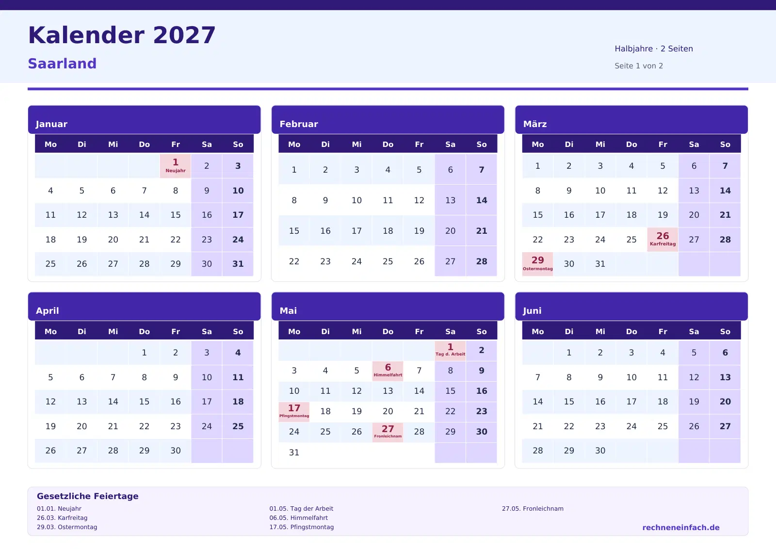 Kalender 2027 Saarland Querformat · Halbjahre (2 Seiten) Vorschau
