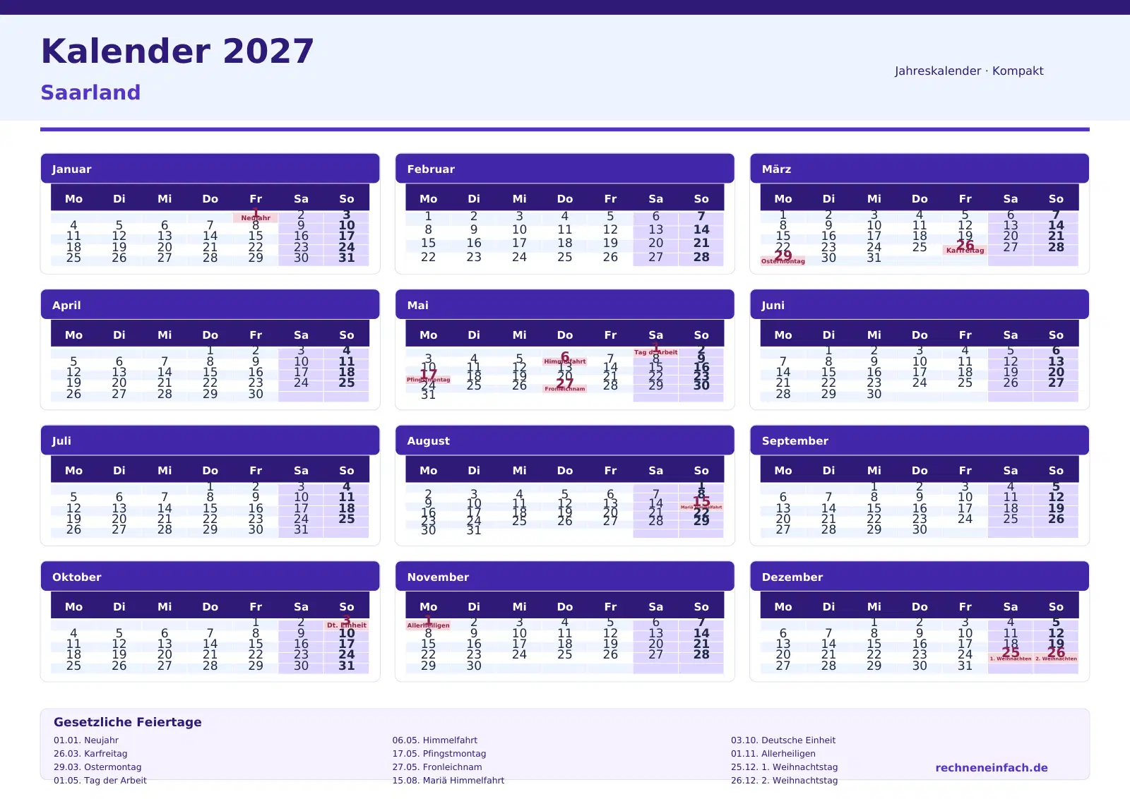 Kalender 2027 Saarland Querformat · Tage linear Vorschau