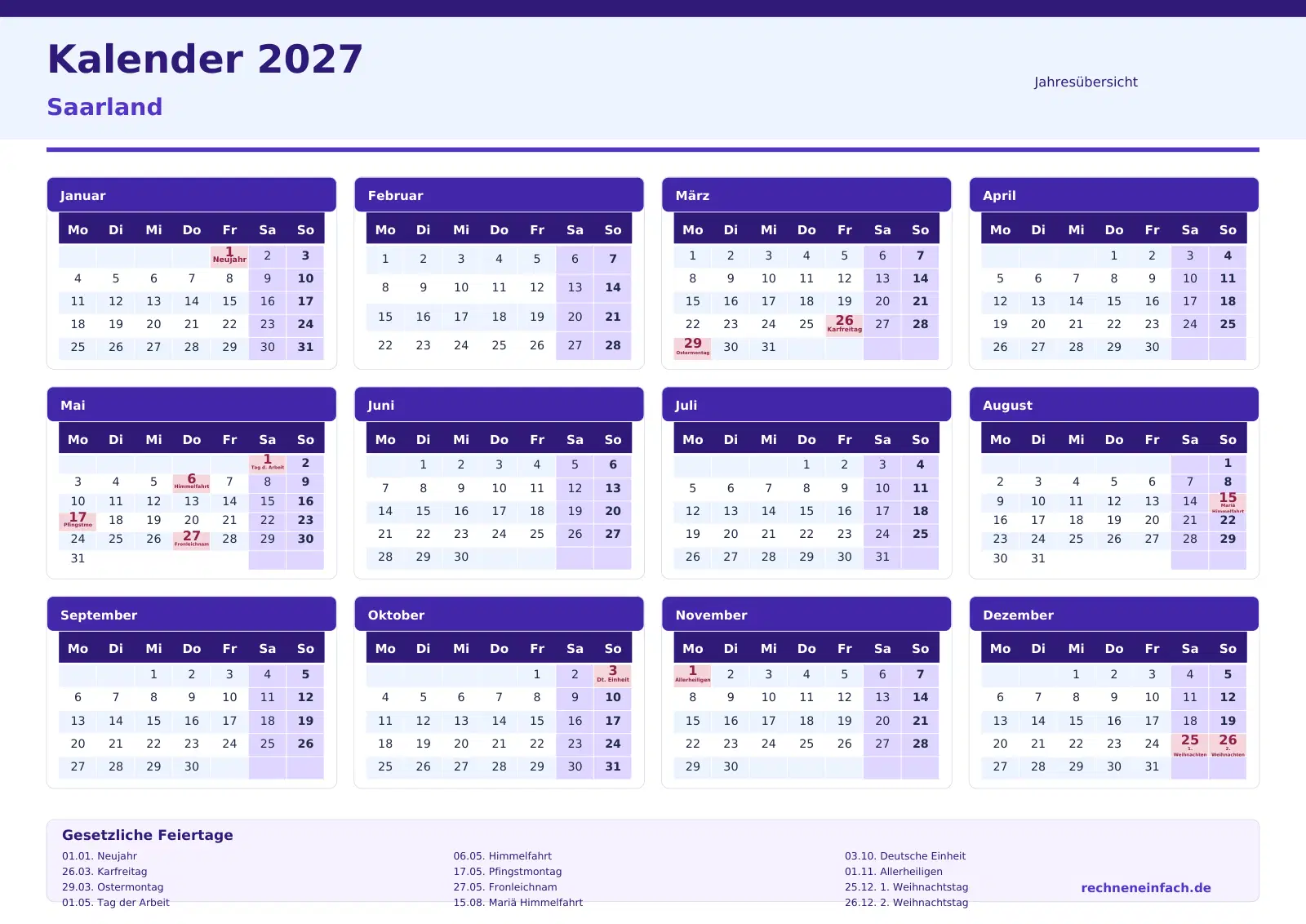Kalender 2027 Saarland Querformat · Jahresübersicht Vorschau