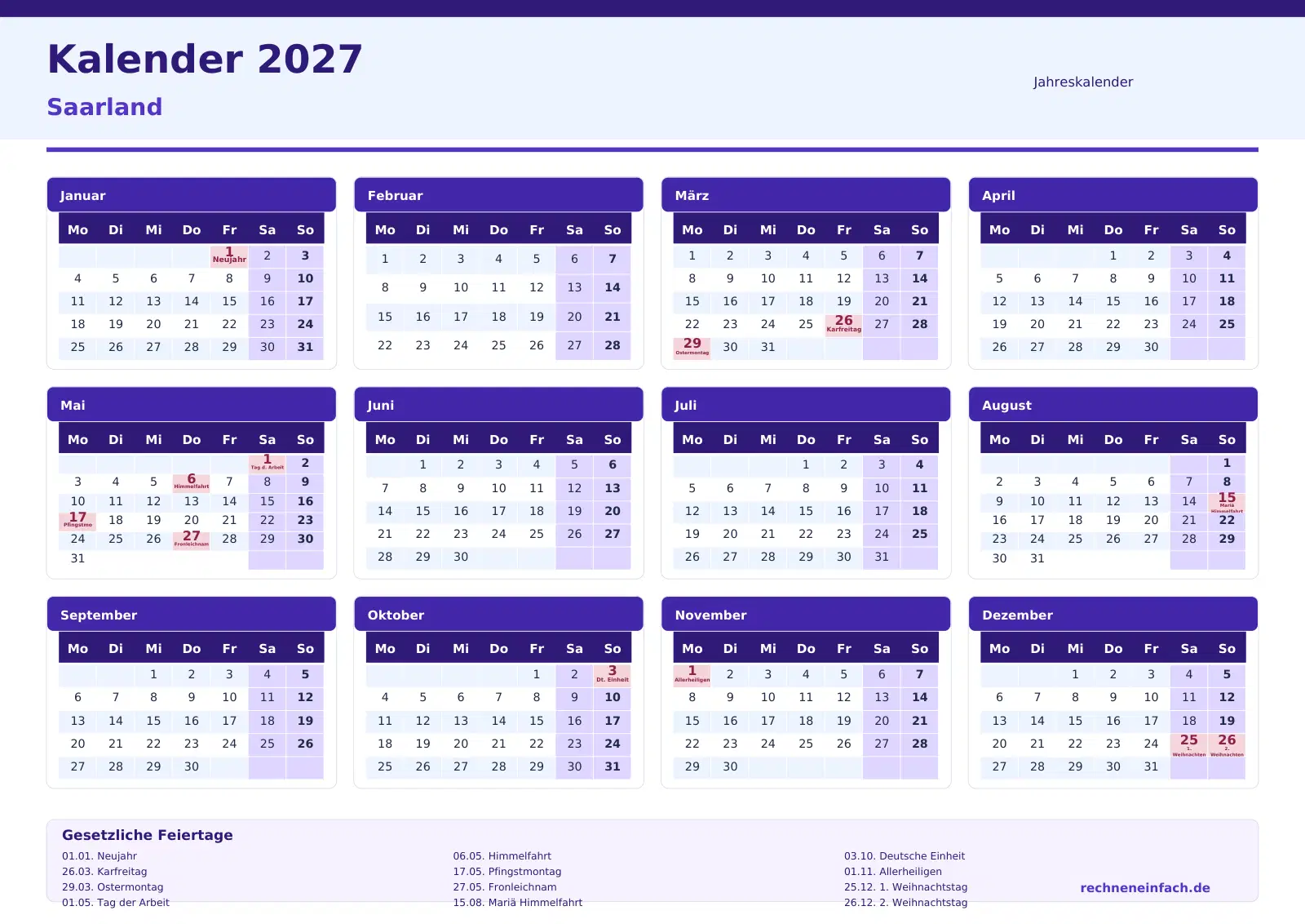 Kalender 2027 Saarland: 10 PDF-Vorlagen zum Ausdrucken und B 1 Kalender 2027 Saarland Jahresübersicht im Querformat