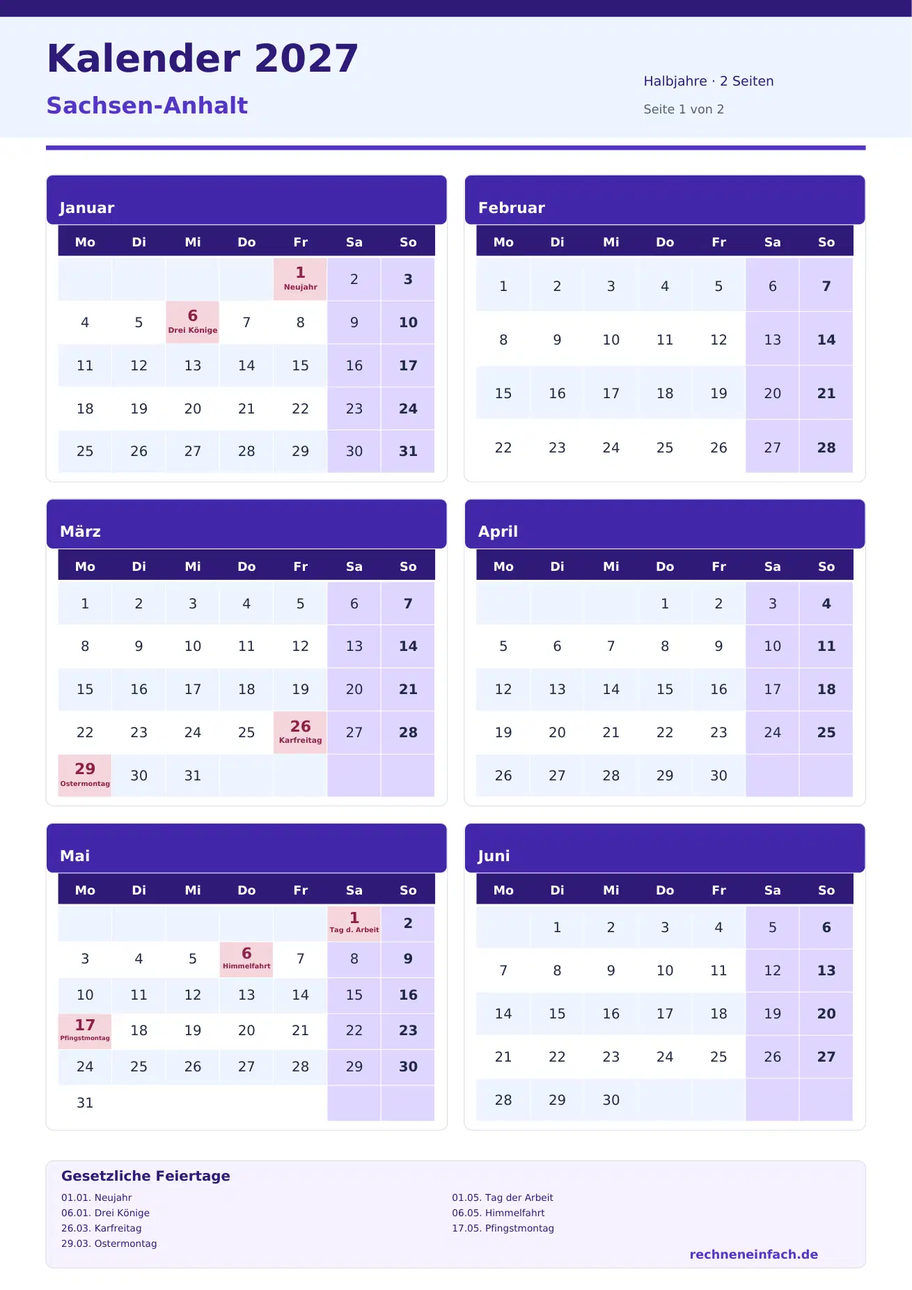 Kalender 2027 Sachsen-Anhalt Hochformat · Halbjahre (2 Seiten) Vorschau