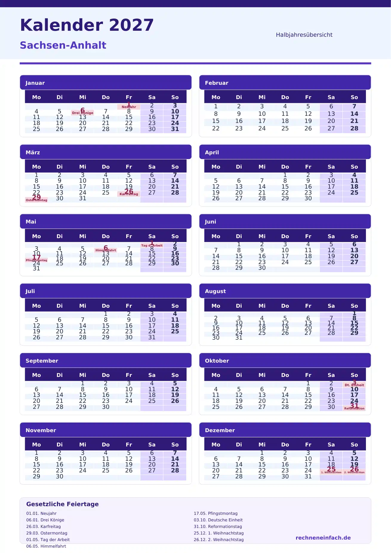 Kalender 2027 Sachsen-Anhalt Hochformat · nach Halbjahren Vorschau