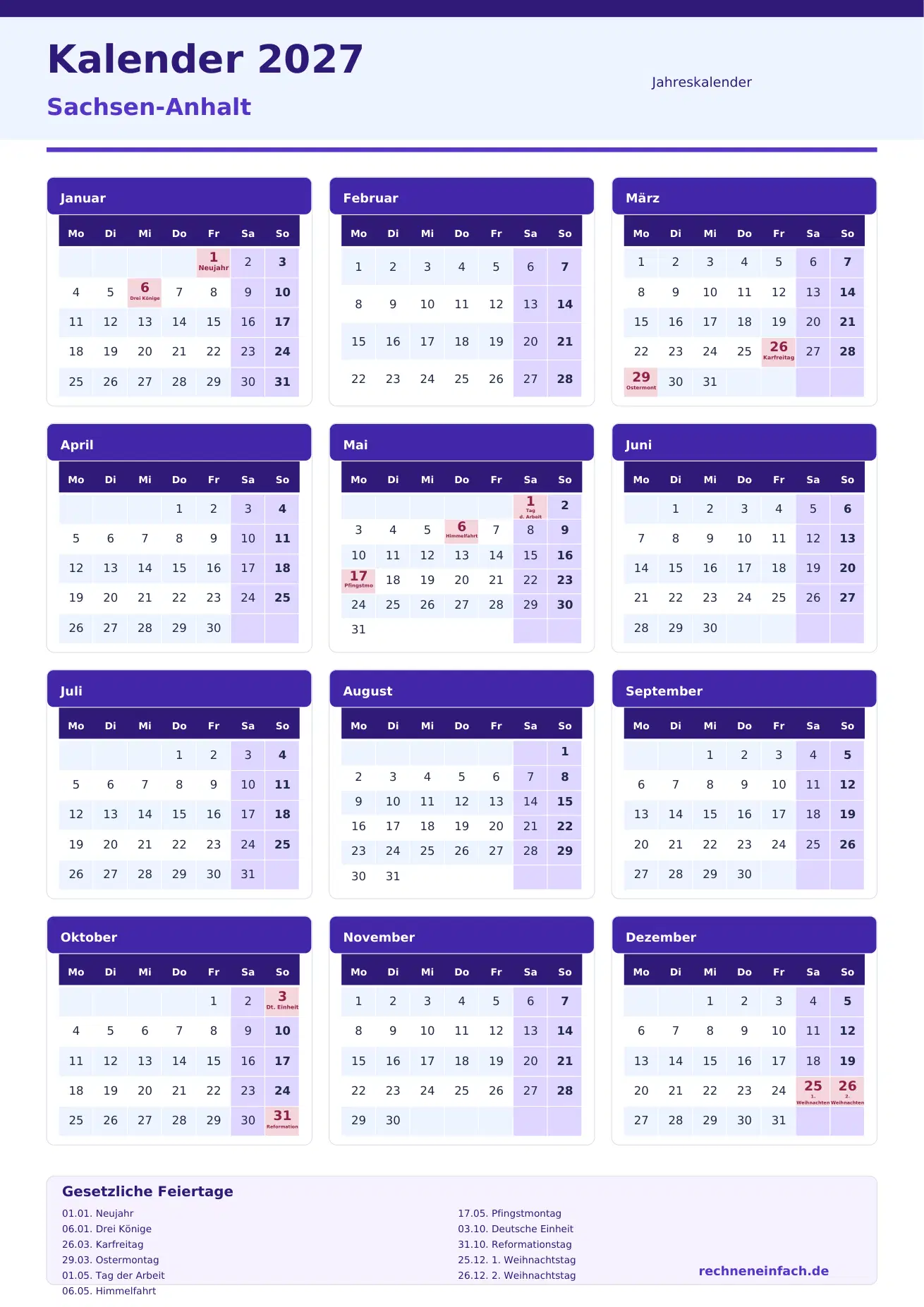 Kalender 2027 Sachsen-Anhalt Hochformat · 1 Seite Vorschau