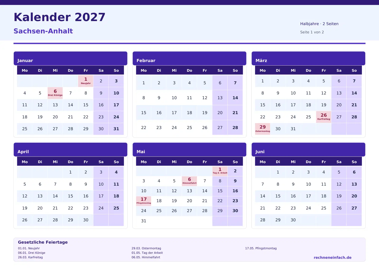 Kalender 2027 Sachsen-Anhalt Querformat · Halbjahre (2 Seiten) Vorschau