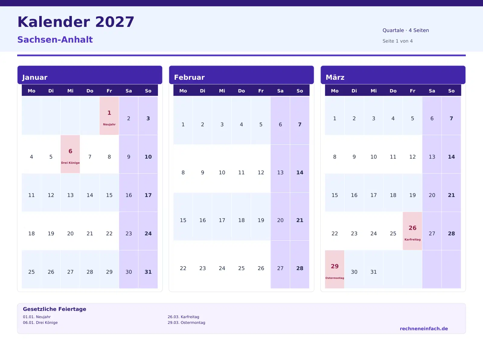 Kalender 2027 Sachsen-Anhalt Querformat · Quartale (4 Seiten) Vorschau