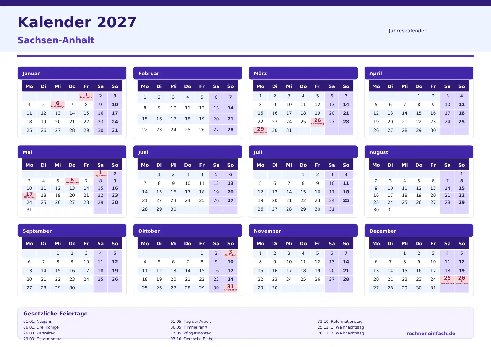 Kalender 2027 Sachsen-Anhalt Jahresübersicht im Querformat