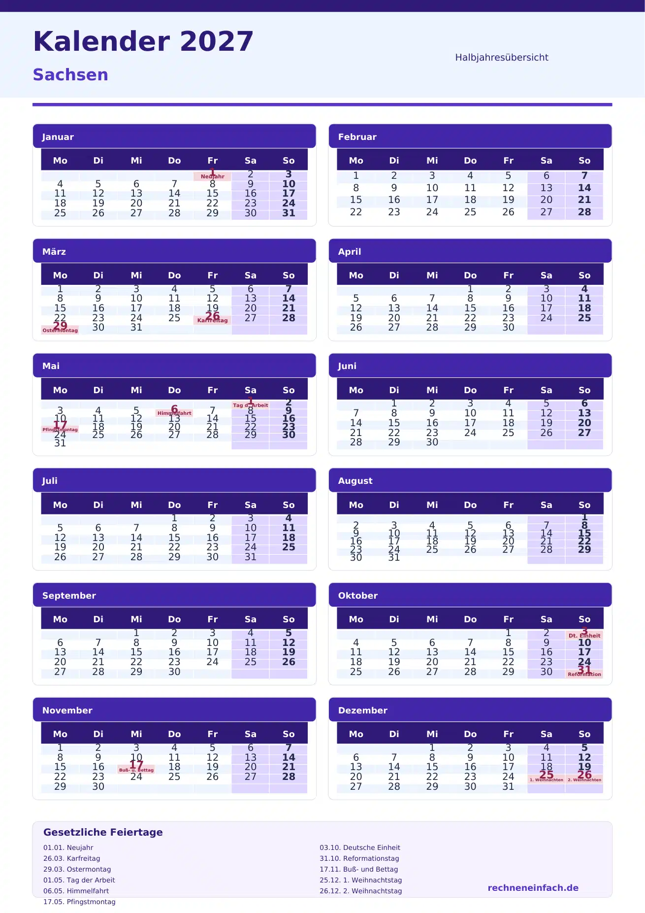 Kalender 2027 Sachsen Hochformat · nach Halbjahren Vorschau