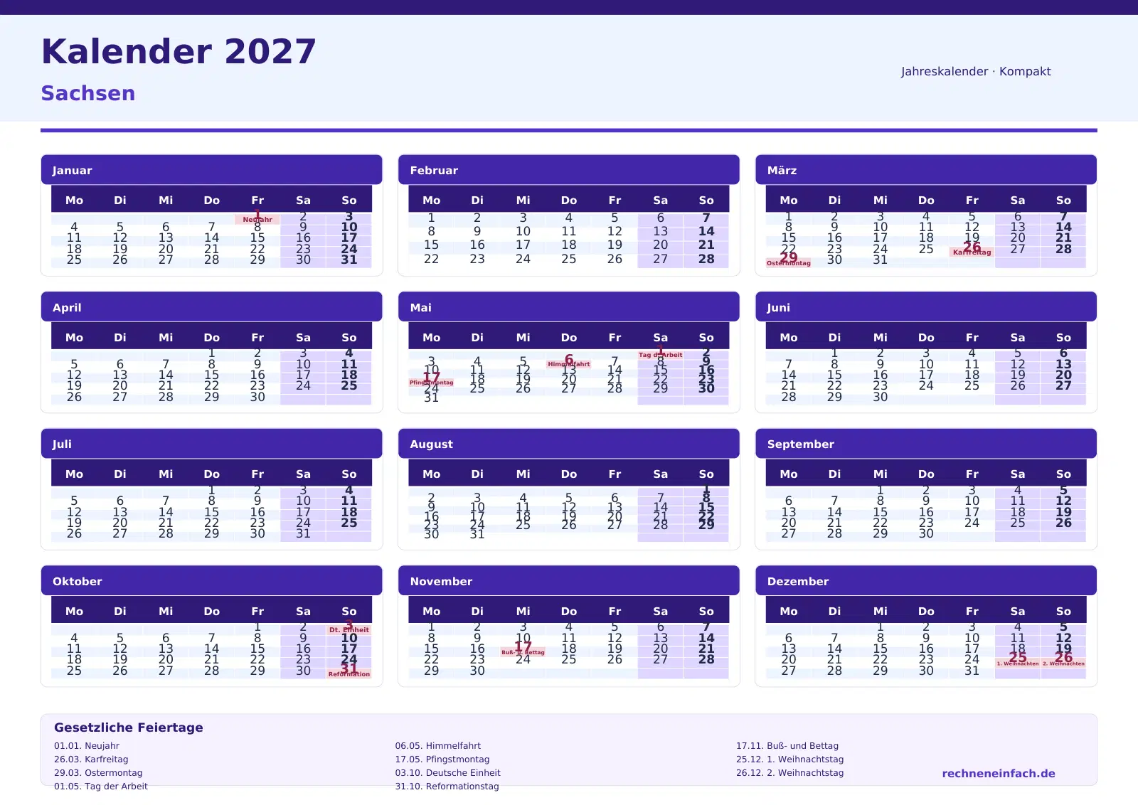 Kalender 2027 Sachsen Querformat · Tage linear Vorschau