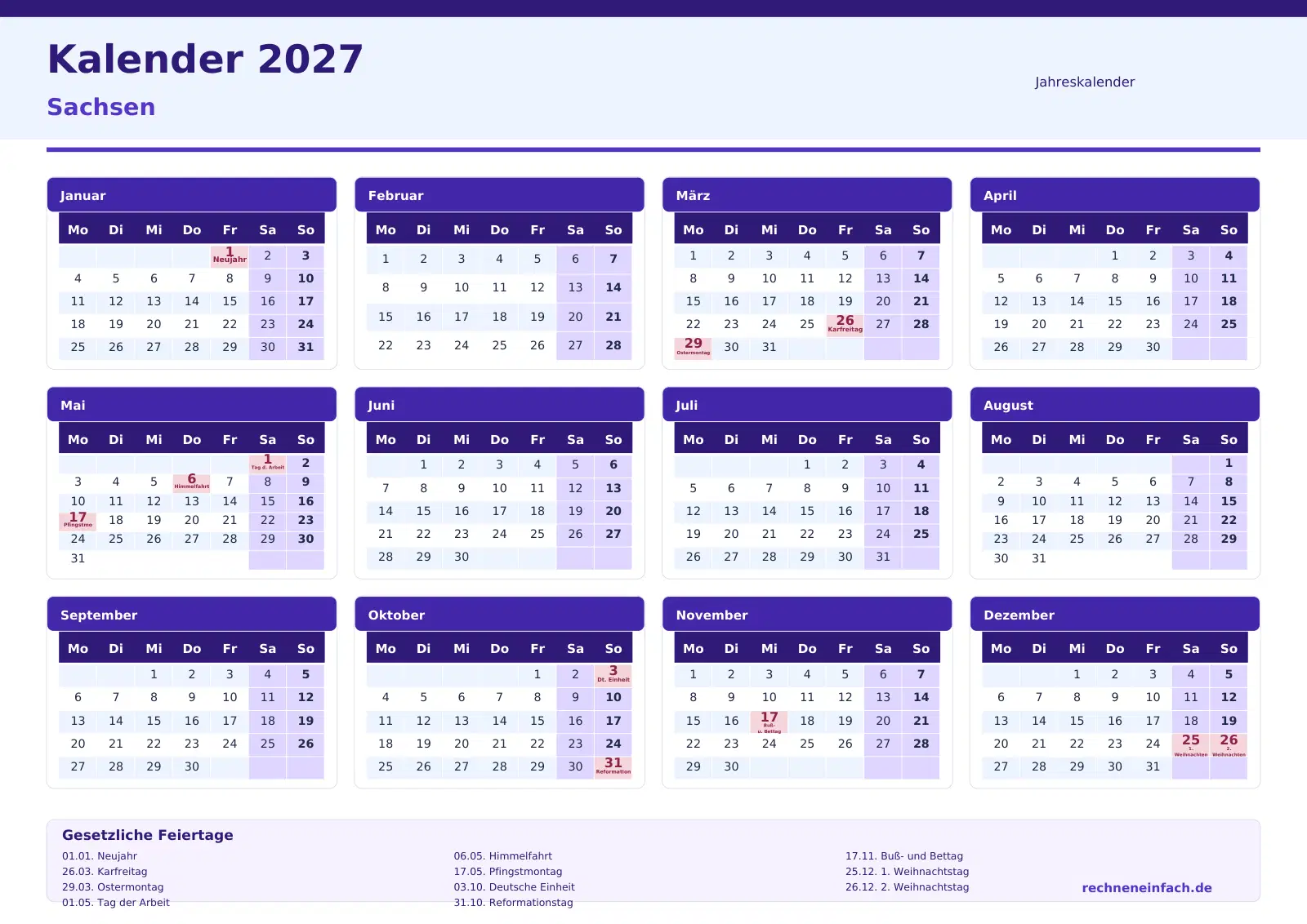 Kalender 2027 Sachsen: 10 PDF-Vorlagen zum Ausdrucken und Bi 1 Kalender 2027 Sachsen Jahresübersicht im Querformat