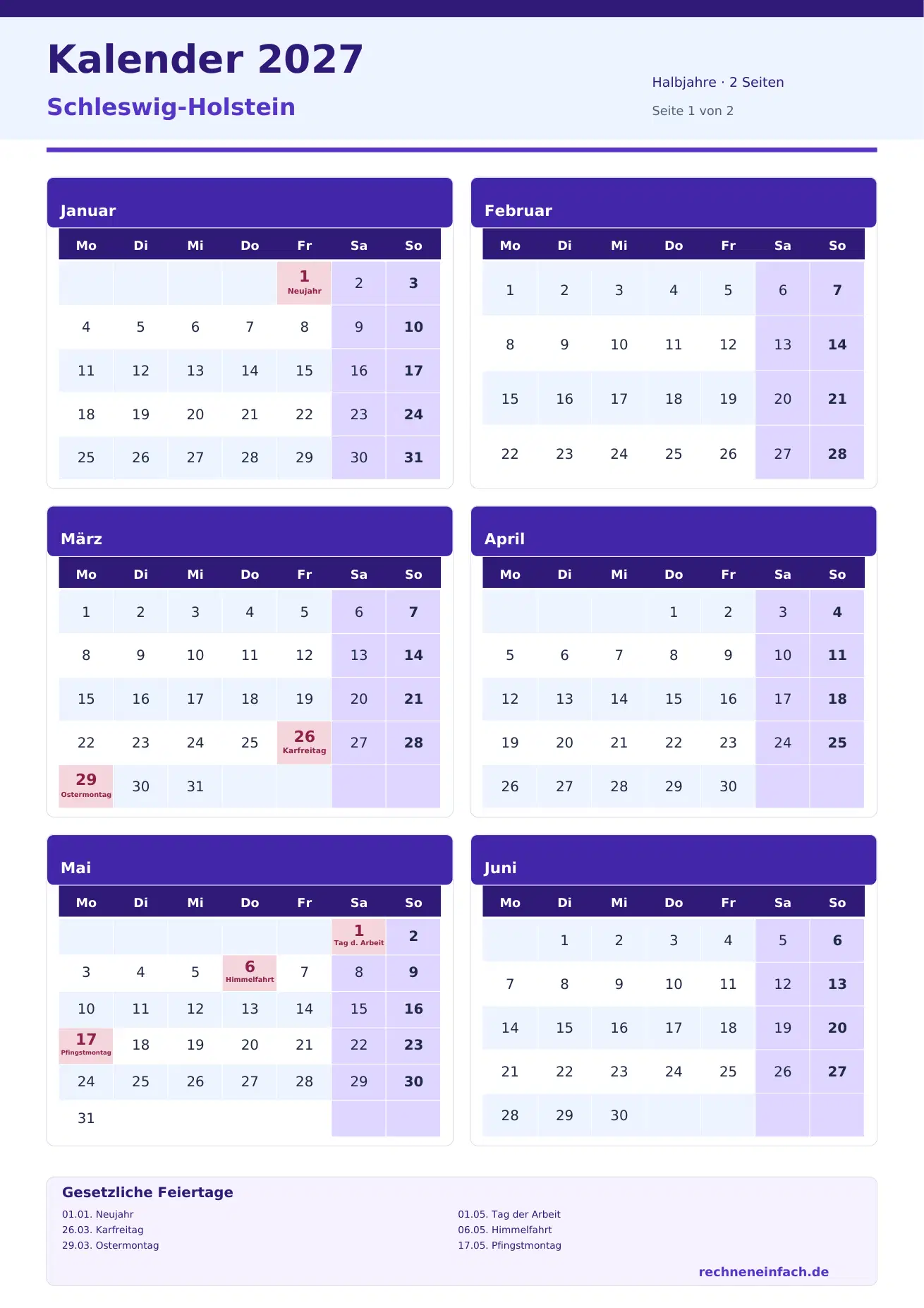 Kalender 2027 Schleswig-Holstein Hochformat · Halbjahre (2 Seiten) Vorschau