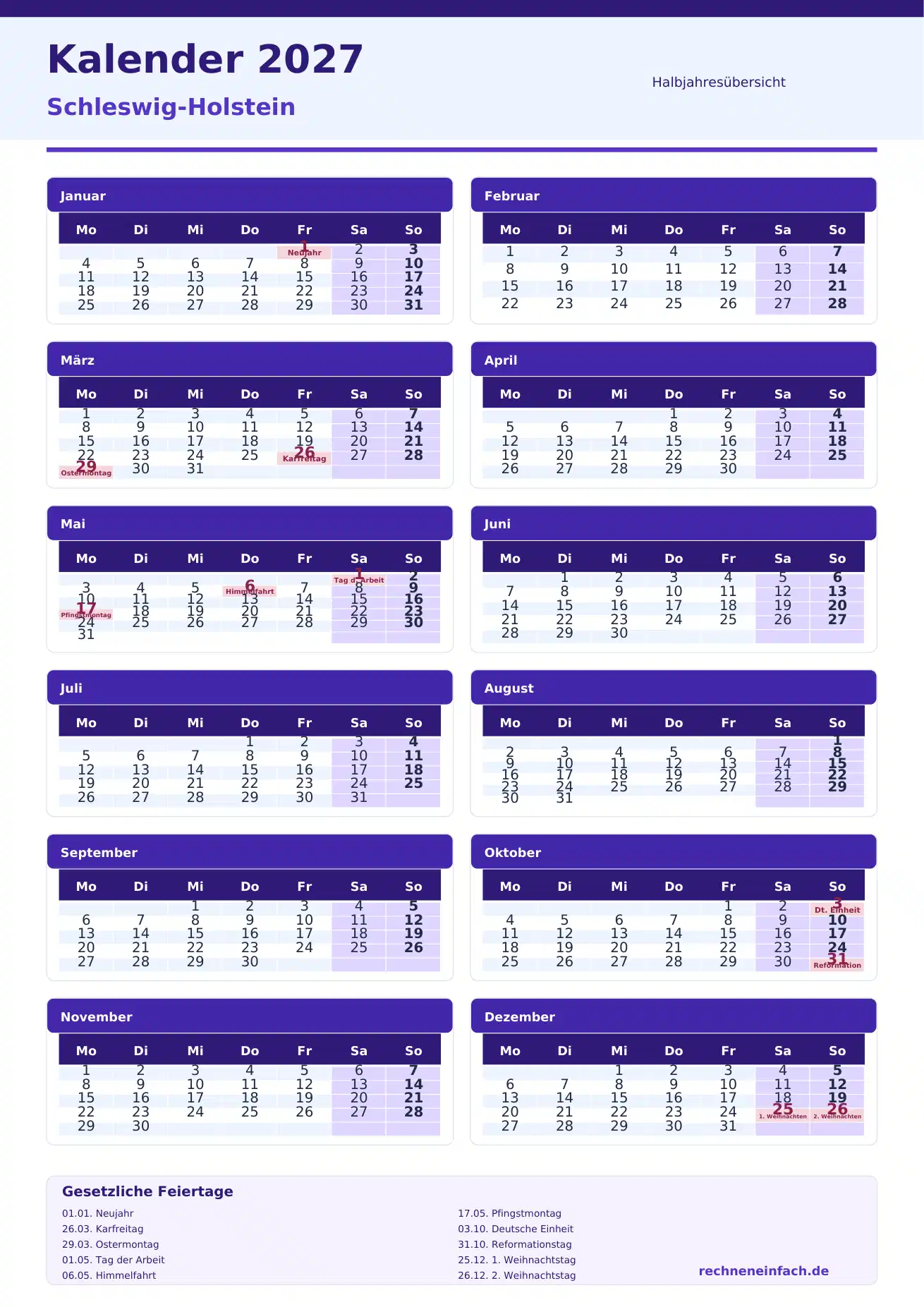 Kalender 2027 Schleswig-Holstein Hochformat · nach Halbjahren Vorschau