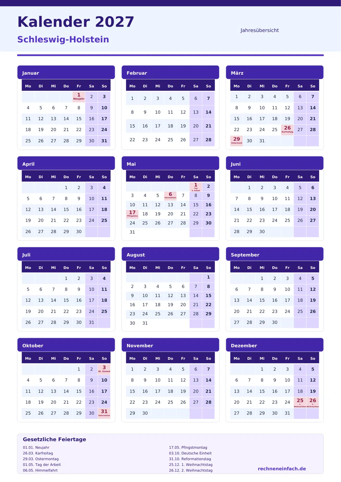 Kalender 2027 Schleswig-Holstein Hochformat · Jahresübersicht Vorschau