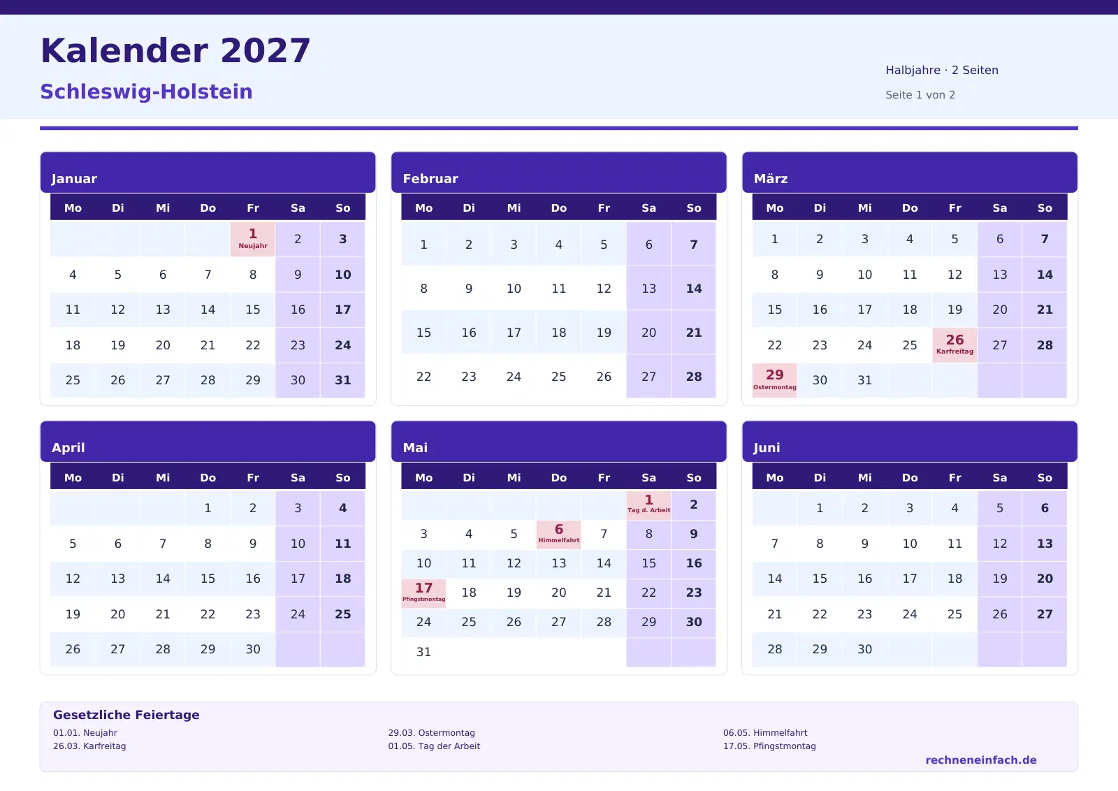 Kalender 2027 Schleswig-Holstein Querformat · Halbjahre (2 Seiten) Vorschau