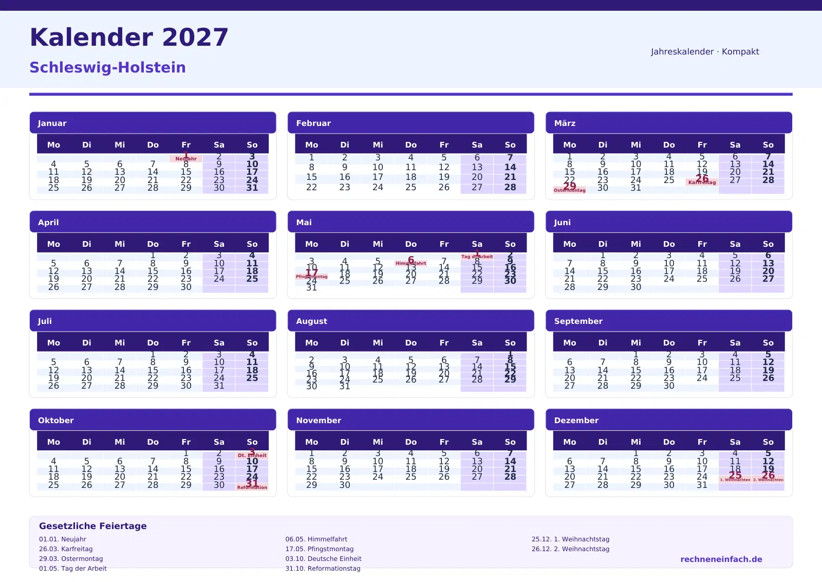 Kalender 2027 Schleswig-Holstein Querformat · Tage linear Vorschau