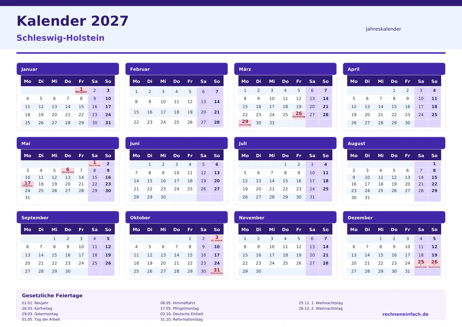 Kalender 2027 Schleswig-Holstein: 10 PDF-Vorlagen gratis 1 Kalender 2027 Schleswig-Holstein Jahresübersicht im Querformat