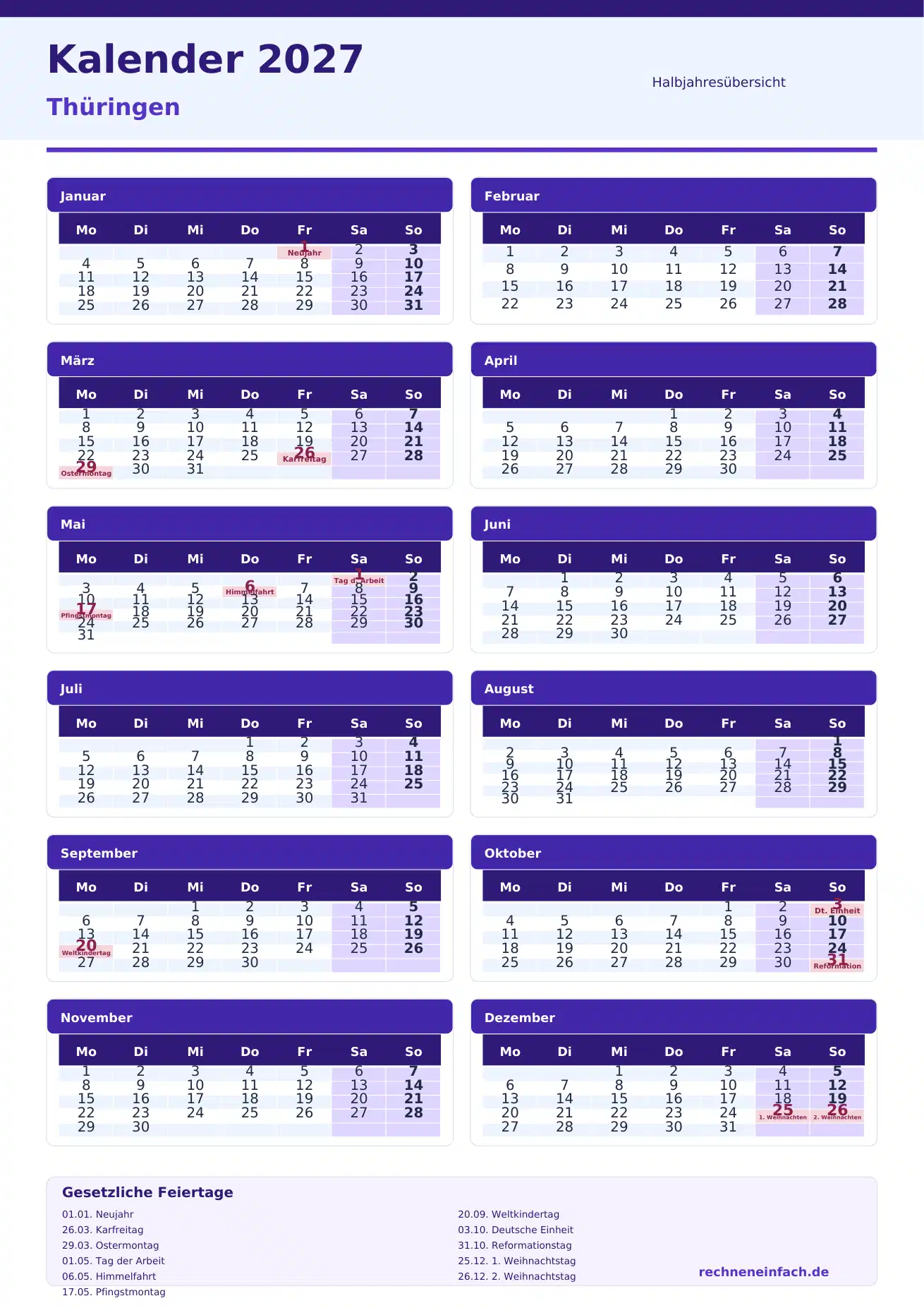 Kalender 2027 Thüringen Hochformat · nach Halbjahren Vorschau