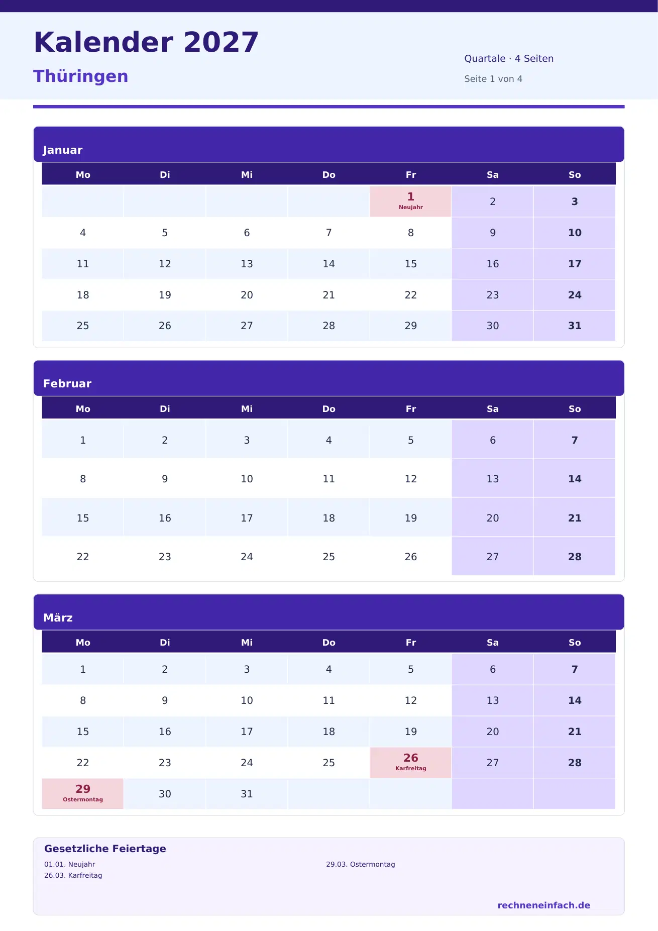 Kalender 2027 Thüringen Hochformat · Quartale (4 Seiten) Vorschau