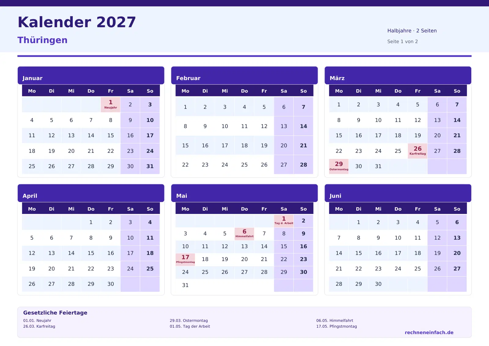 Kalender 2027 Thüringen Querformat · Halbjahre (2 Seiten) Vorschau