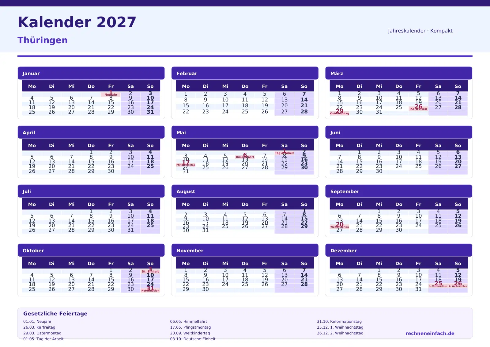 Kalender 2027 Thüringen Querformat · Tage linear Vorschau