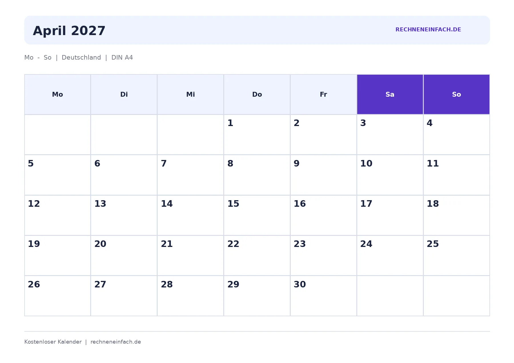 Kalender April 2027 Mit Feiertagen