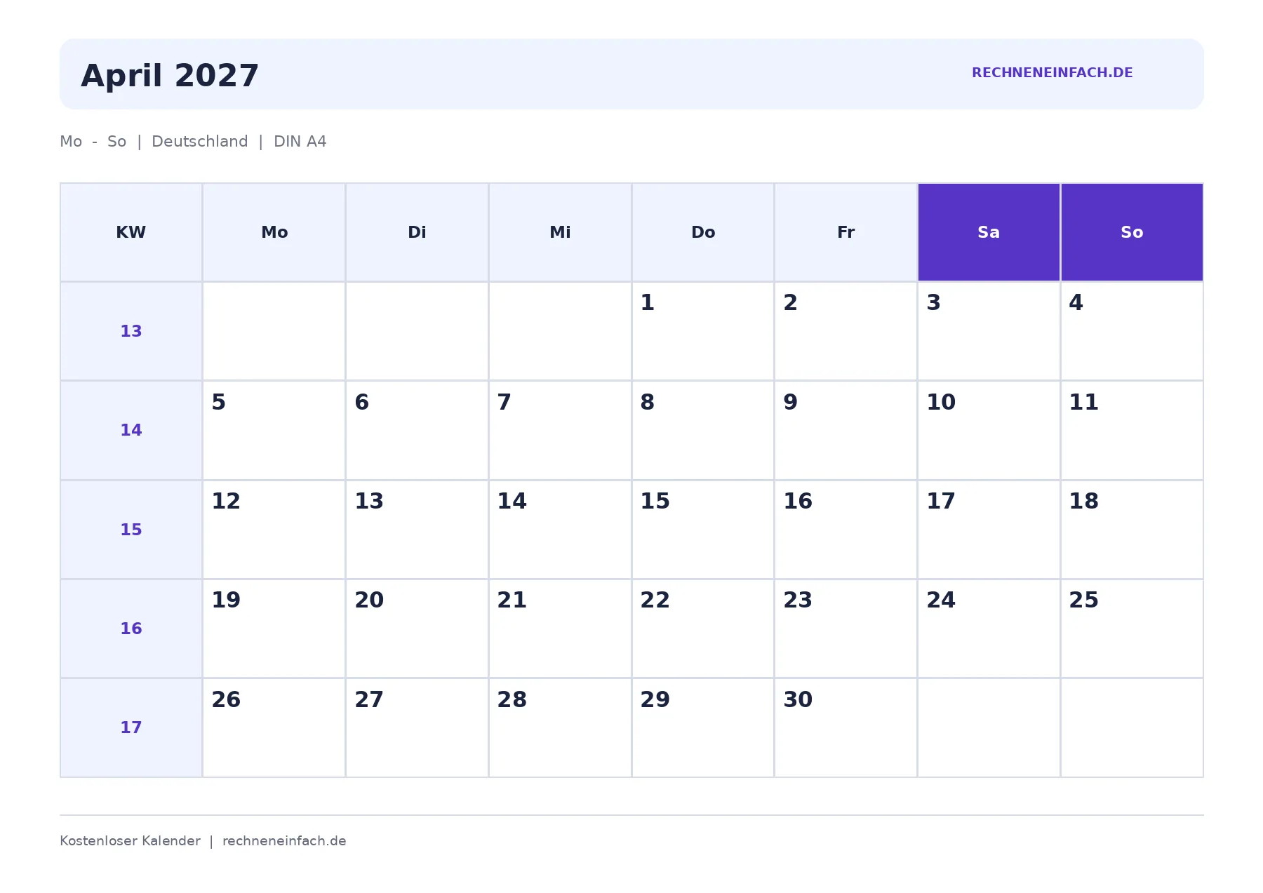 Kalender April 2027 Mit Kalenderwochen