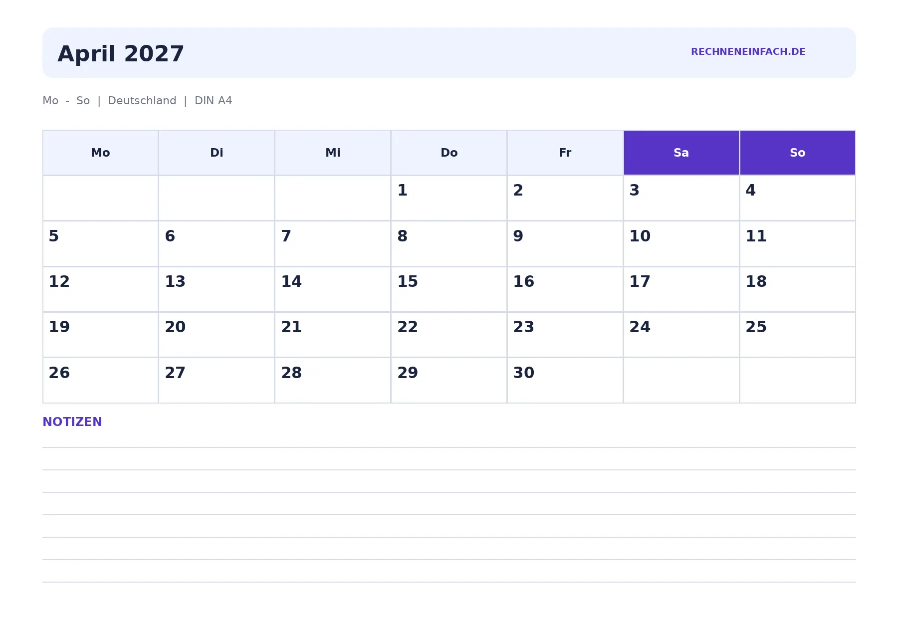 Kalender April 2027 Querformat mit Notizen